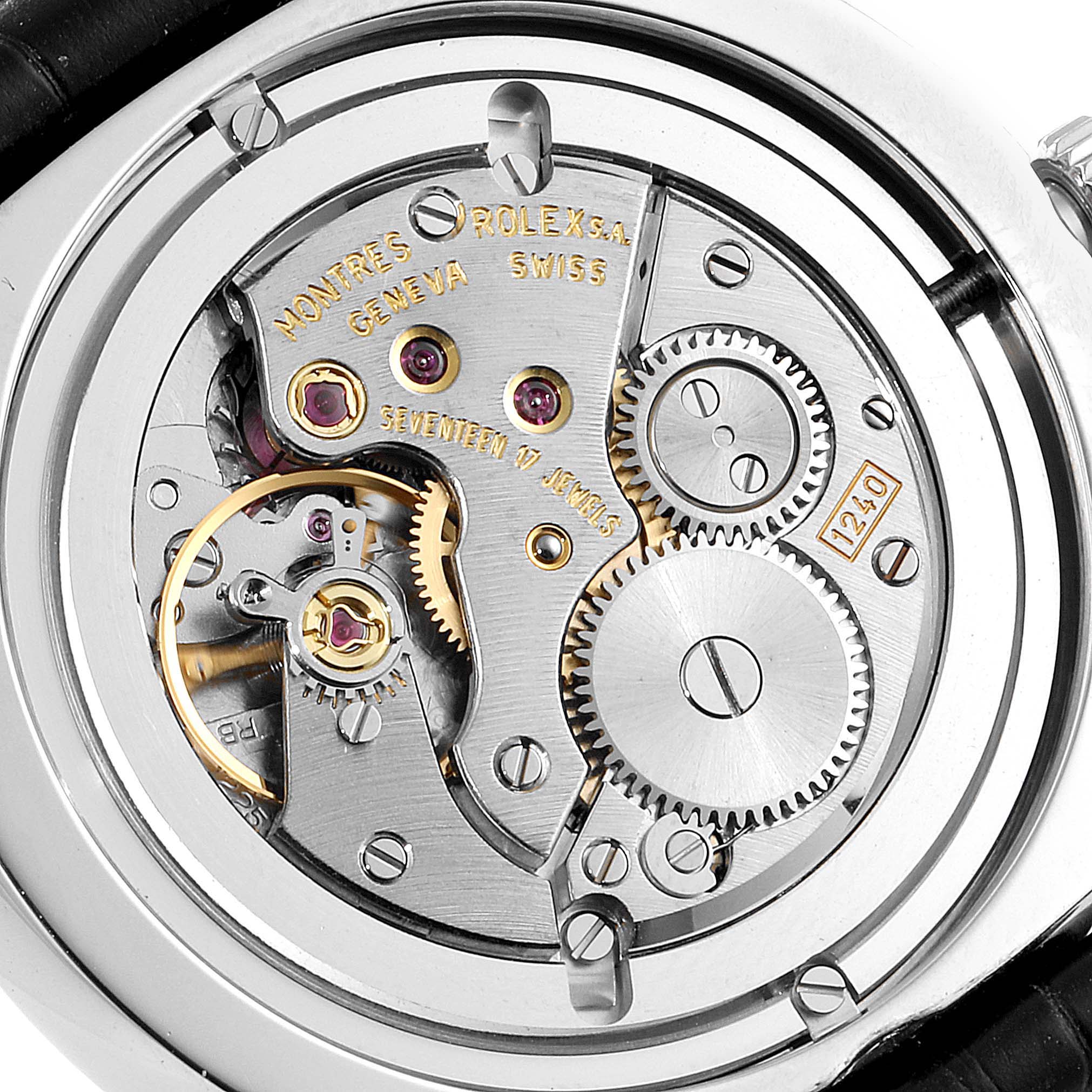 This image shows the inner mechanical movement of the Rolex Cellini 5241 Men's Platinum Black Dial 5241 Men's Platinum Black Dial watch from a rear angle.