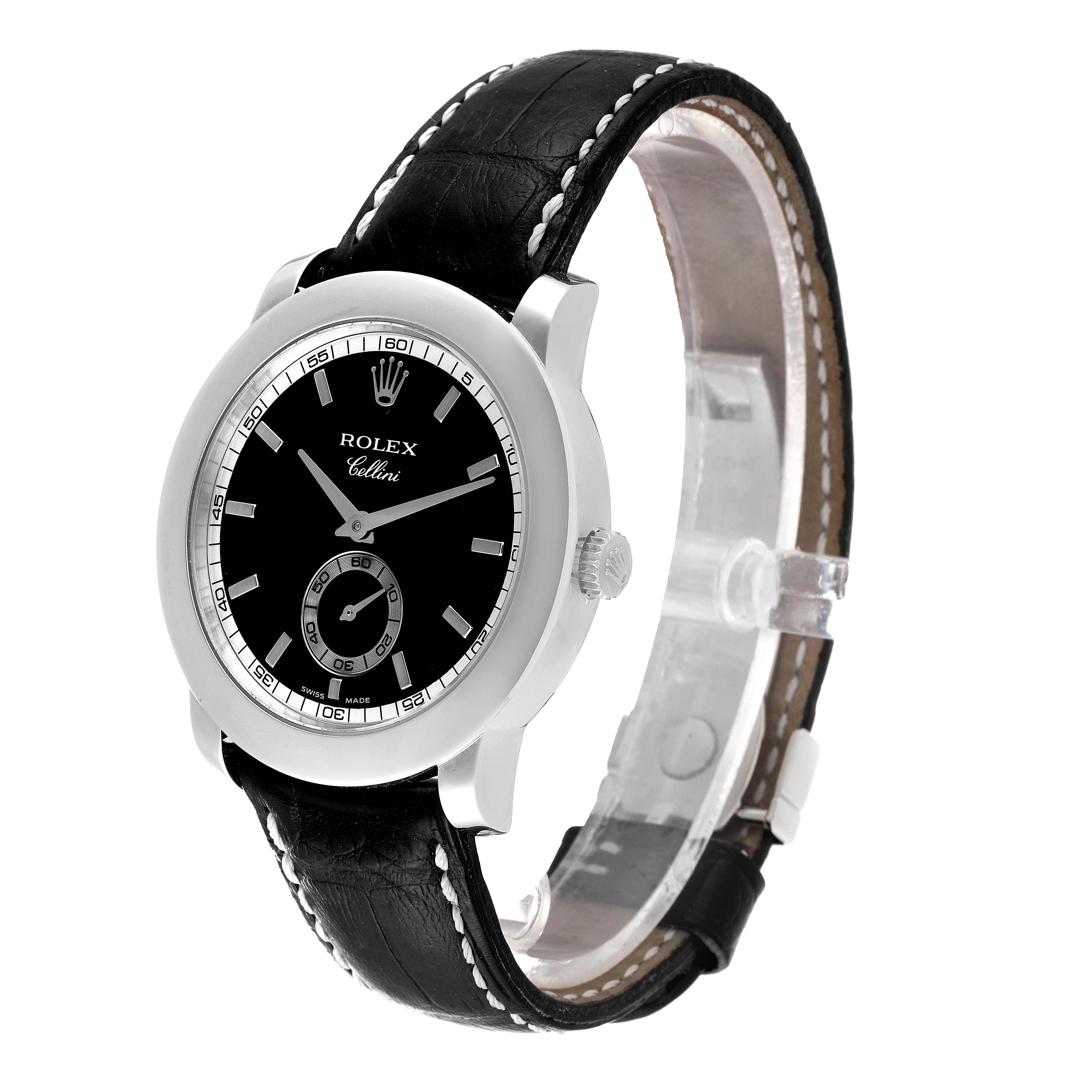 The image shows a Rolex Cellini 5241 Men's Platinum Black Dial 5241 Men's Platinum Black Dial watch at a three-quarter angle highlighting the face, case, crown, and leather strap.