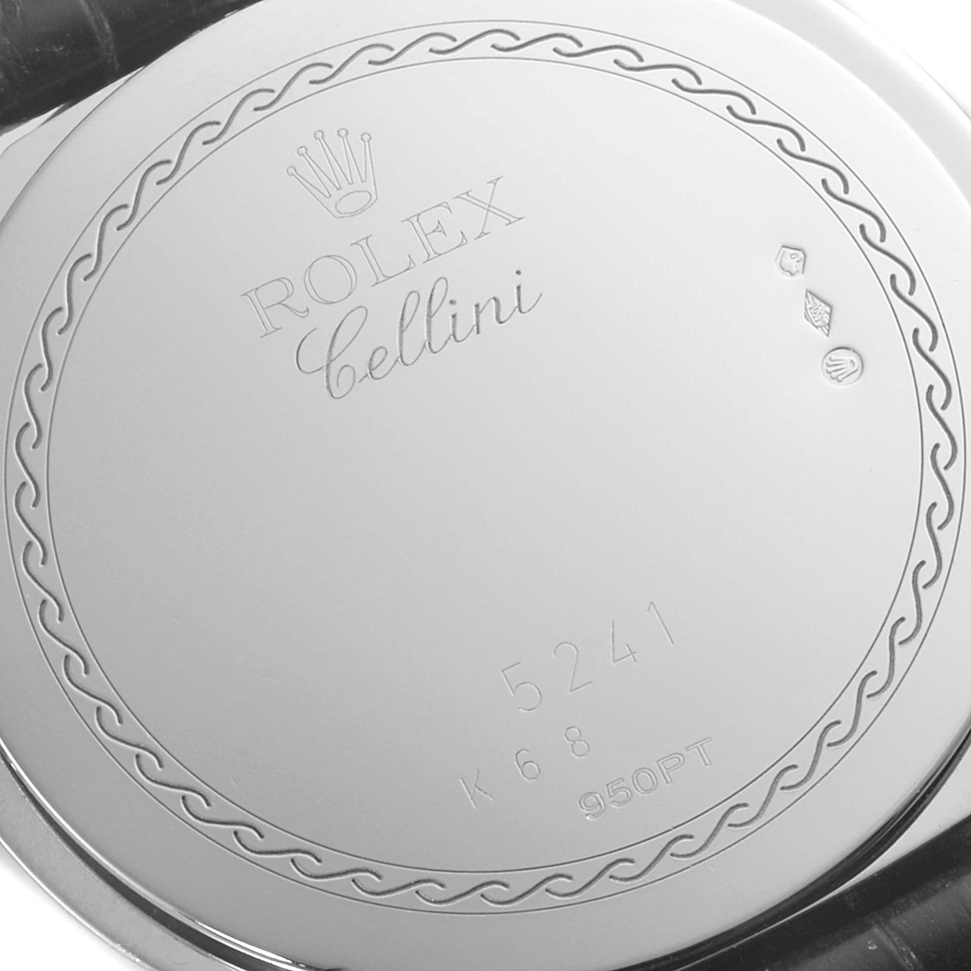 The image shows the back case of a Rolex Cellini 5241 Men's Platinum Black Dial 5241 Men's Platinum Black Dial watch, displaying engravings and model details.