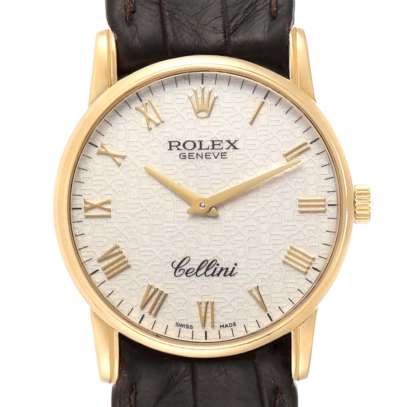 The image shows a front view of the Rolex Cellini 5116 Men's Yellow Gold Beige Dial 5116 Men's Yellow Gold Beige Dial watch, highlighting its dial, Roman numeral hour markers, and crown.