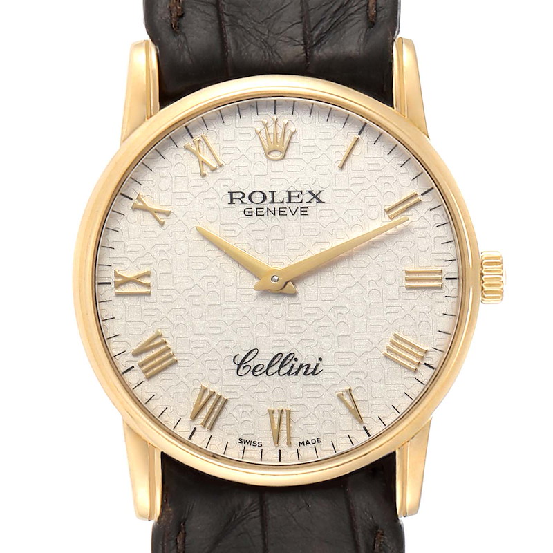 Rolex Cellini Classic Yellow Gold Anniversary Dial Brown Strap Watch 5116 SwissWatchExpo