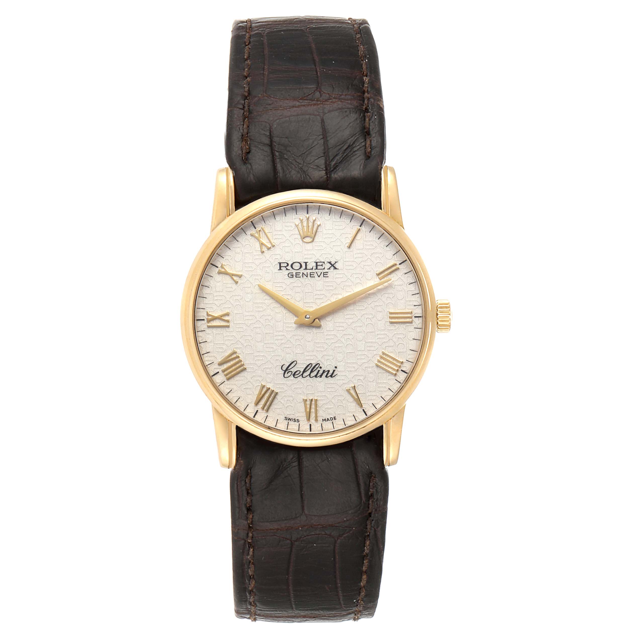 The image shows a front view of a Rolex Cellini 5116 Men's Yellow Gold Beige Dial 5116 Men's Yellow Gold Beige Dial watch, featuring its dial, hour markers, hands, and leather strap.