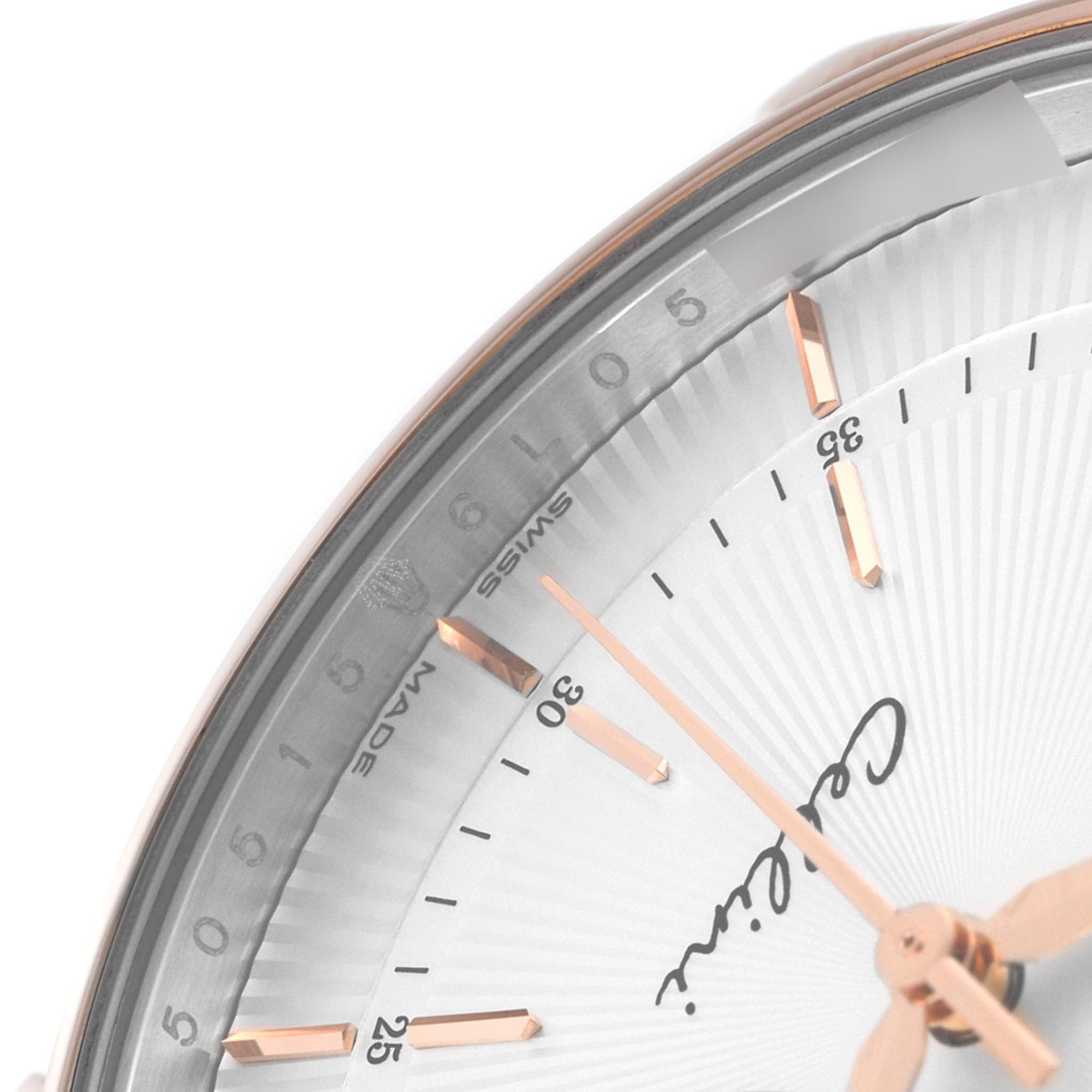 The image shows a close-up of the Rolex Cellini 50515 Men's Rose Gold Silver Dial 50515 Men's Rose Gold Silver Dial watch's dial, specifically displaying the minute markers and a portion of the watch's face.
