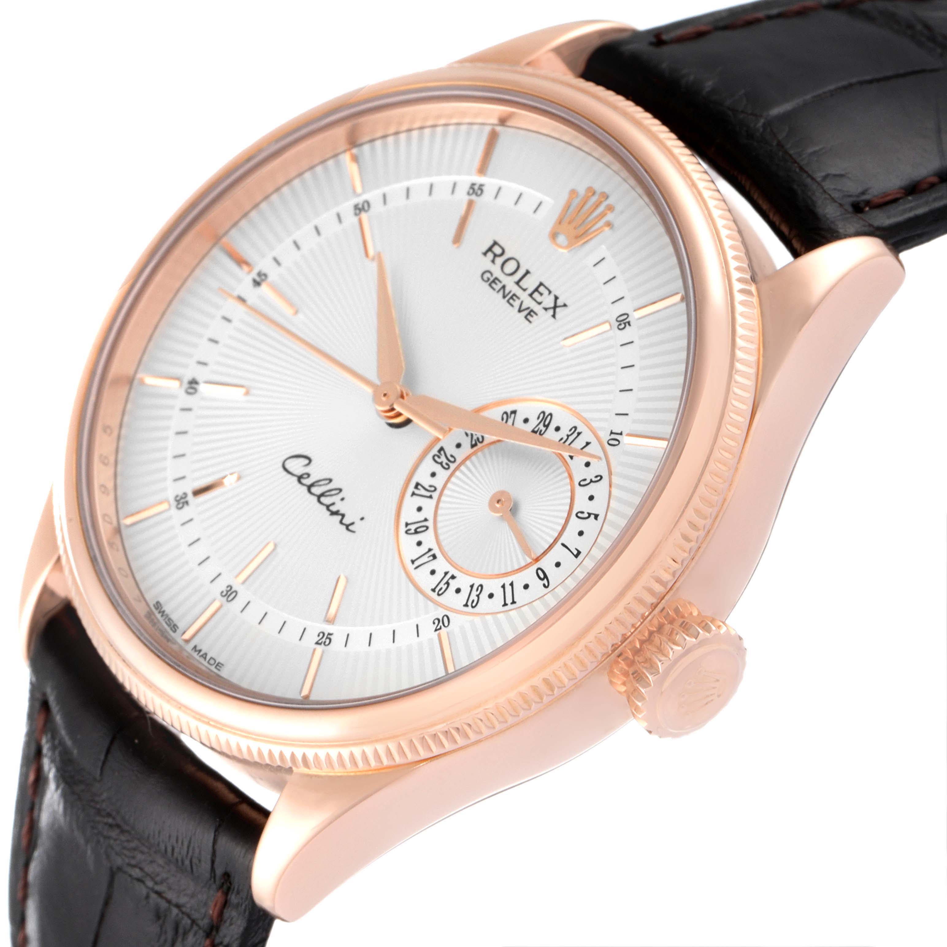 The Rolex Cellini 50515 Men's Rose Gold Silver Dial 50515 Men's Rose Gold Silver Dial watch is shown at a slight angle highlighting its rose gold case, dial, and black leather strap.