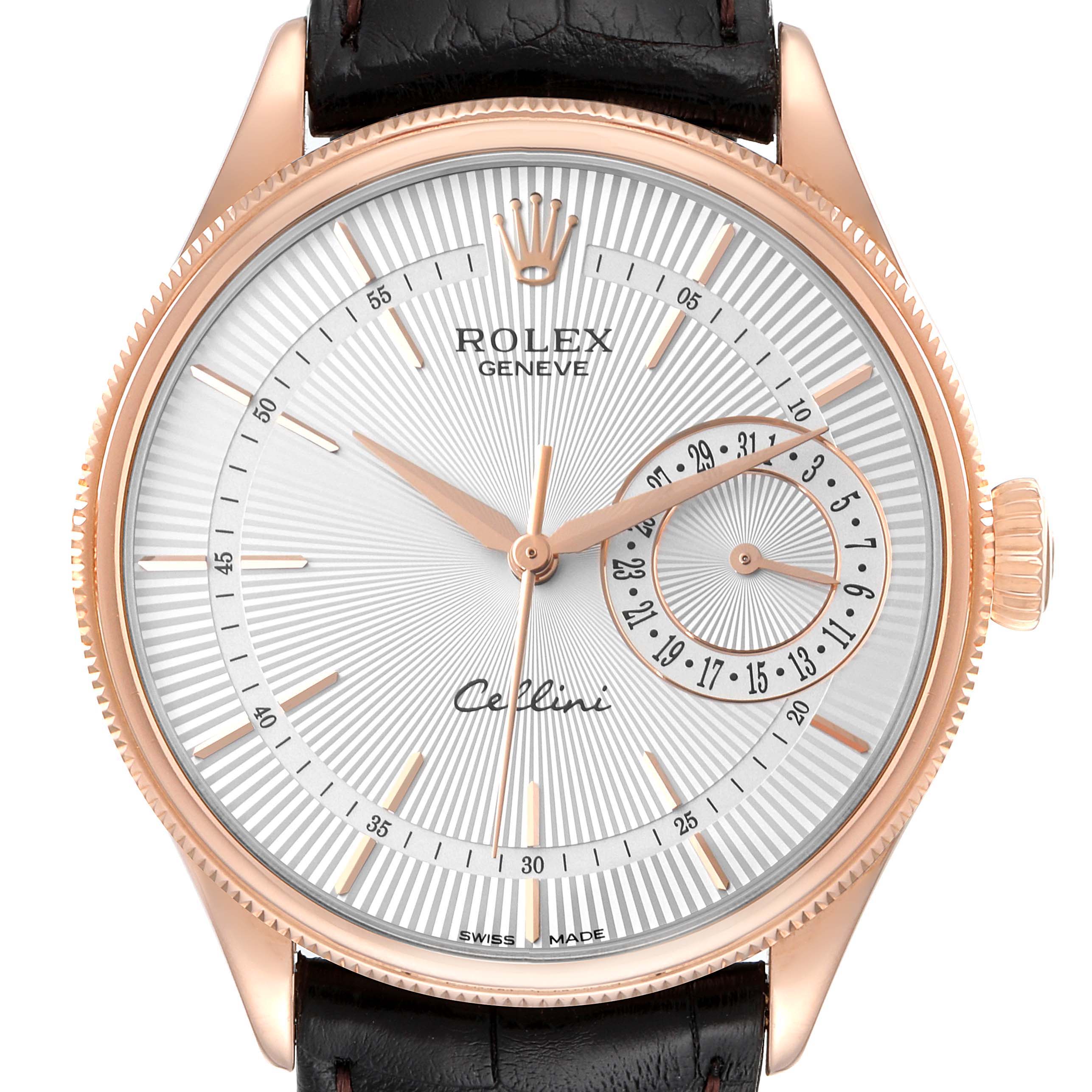 The image shows a close-up of the Rolex Cellini 50515 Men's Rose Gold Silver Dial 50515 Men's Rose Gold Silver Dial watch, highlighting the dial, hands, crown, and partial leather strap.