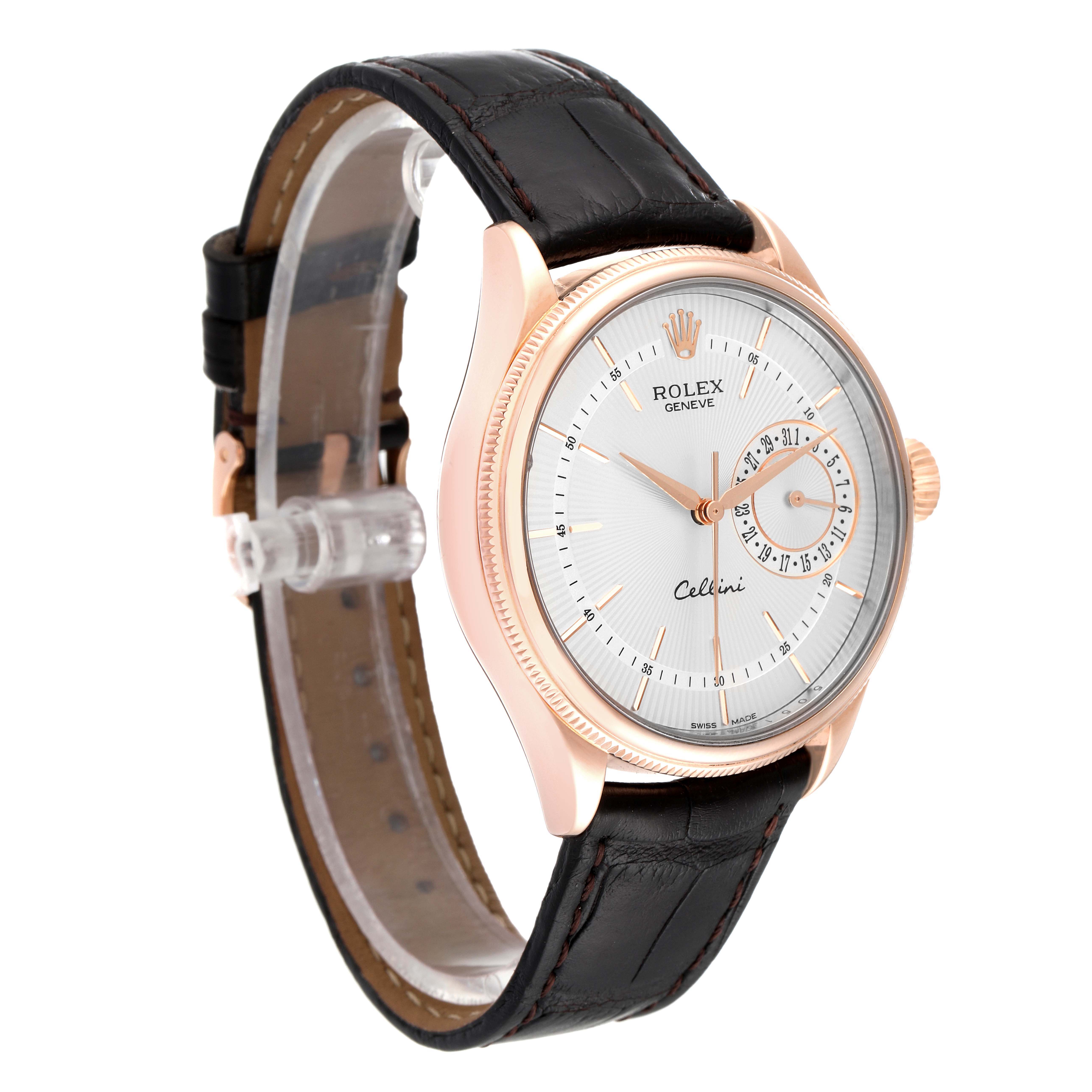 The Rolex Cellini 50515 Men's Rose Gold Silver Dial 50515 Men's Rose Gold Silver Dial watch is shown at a three-quarters angle, highlighting its face, bezel, crown, and leather strap.