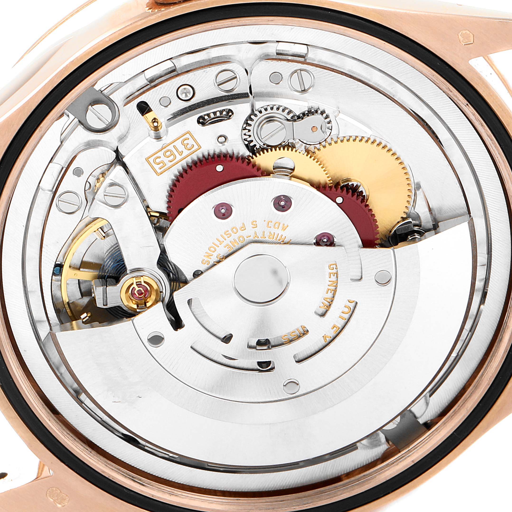 This image shows the intricate internal mechanism of a Rolex Cellini 50515 Men's Rose Gold Silver Dial 50515 Men's Rose Gold Silver Dial model watch at a close-up angle.