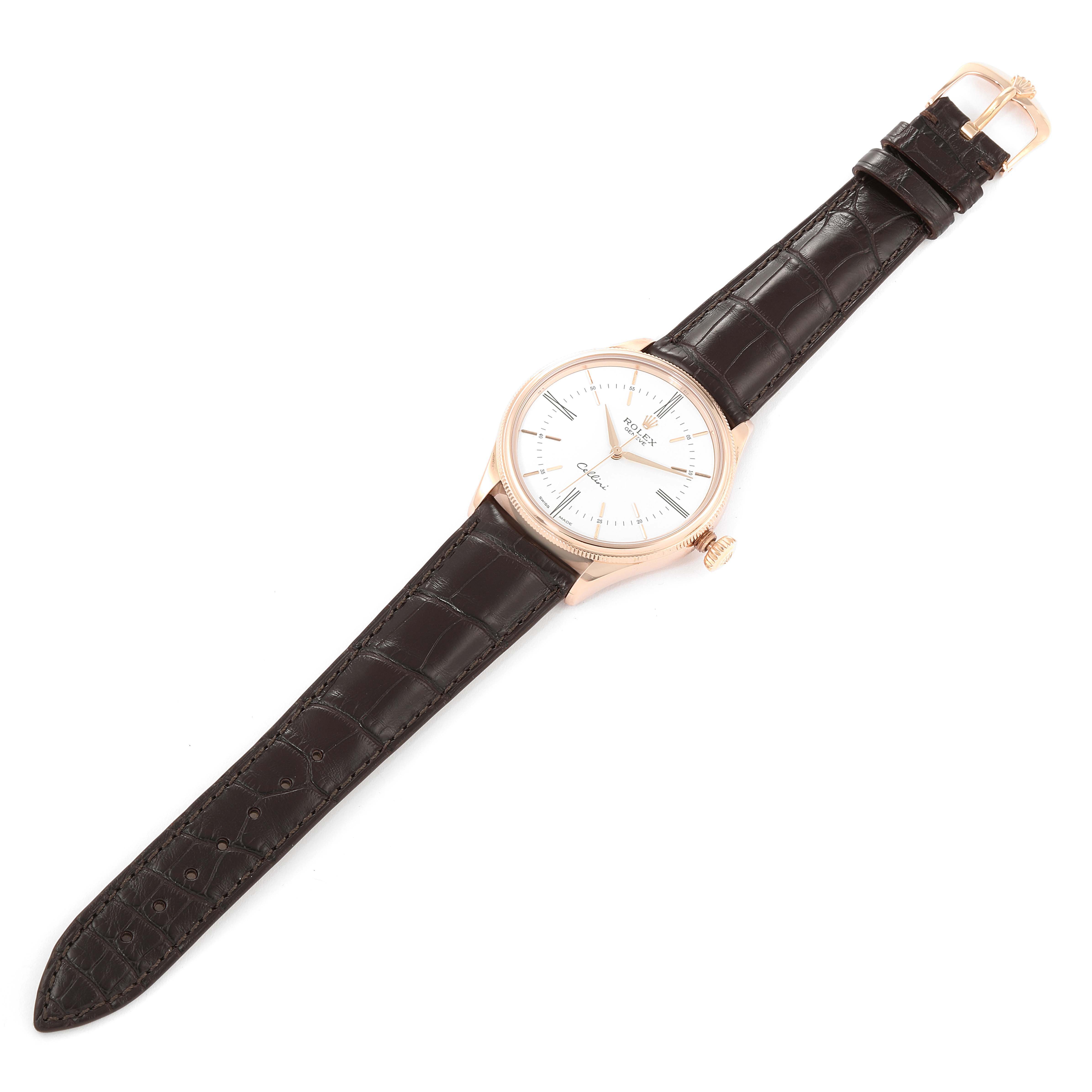 The image shows a full view of the Rolex Cellini 50505 Men's Rose Gold White Dial 50505 Men's Rose Gold White Dial watch laid flat, highlighting the dial, case, crown, and leather strap.