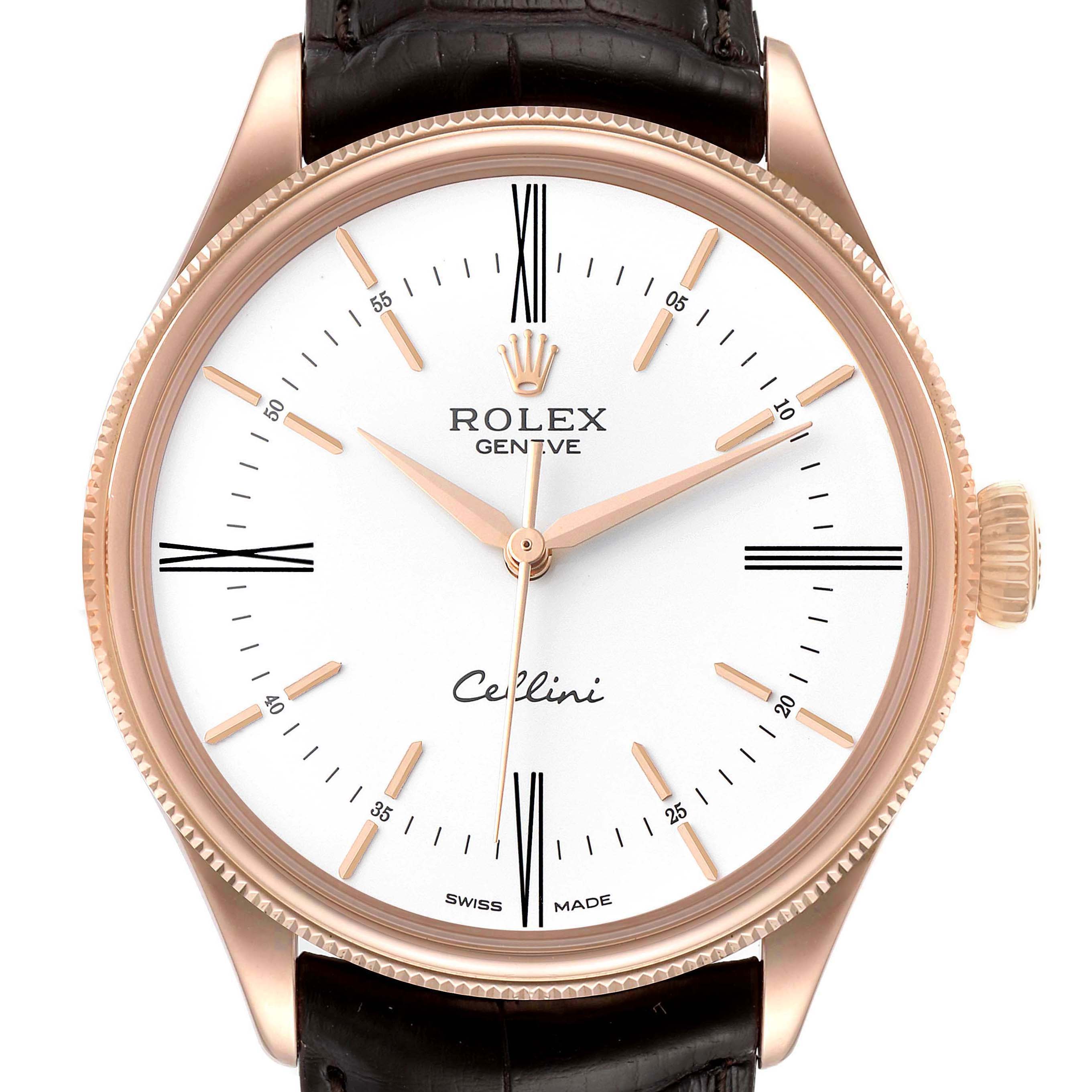 This image shows the face of a Rolex Cellini 50505 Men's Rose Gold White Dial 50505 Men's Rose Gold White Dial watch, highlighting the dial, hands, crown, and leather strap from a front angle.