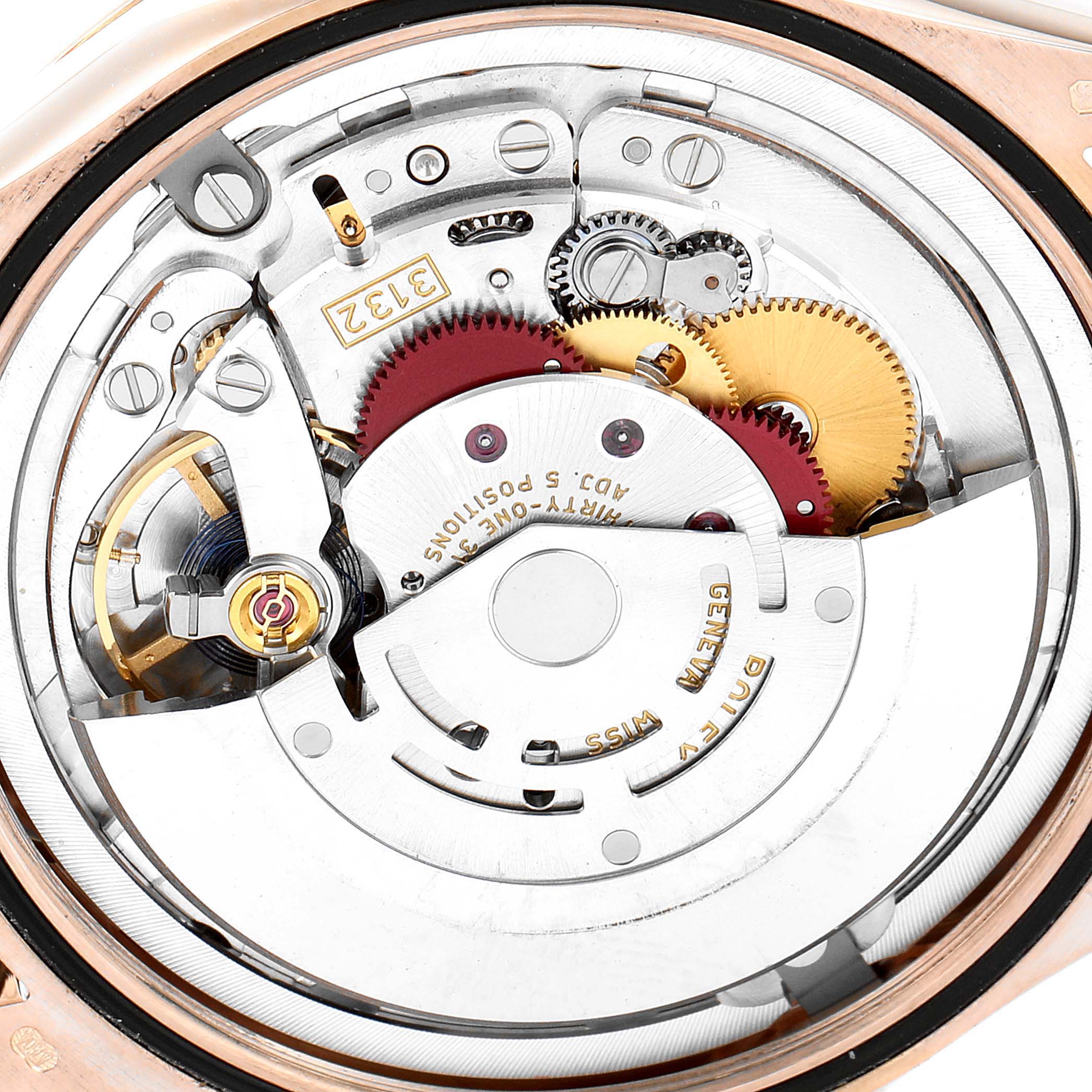 The image shows the intricate inner mechanical movement of a Rolex Cellini 50505 Men's Rose Gold White Dial 50505 Men's Rose Gold White Dial watch from a top-down angle.