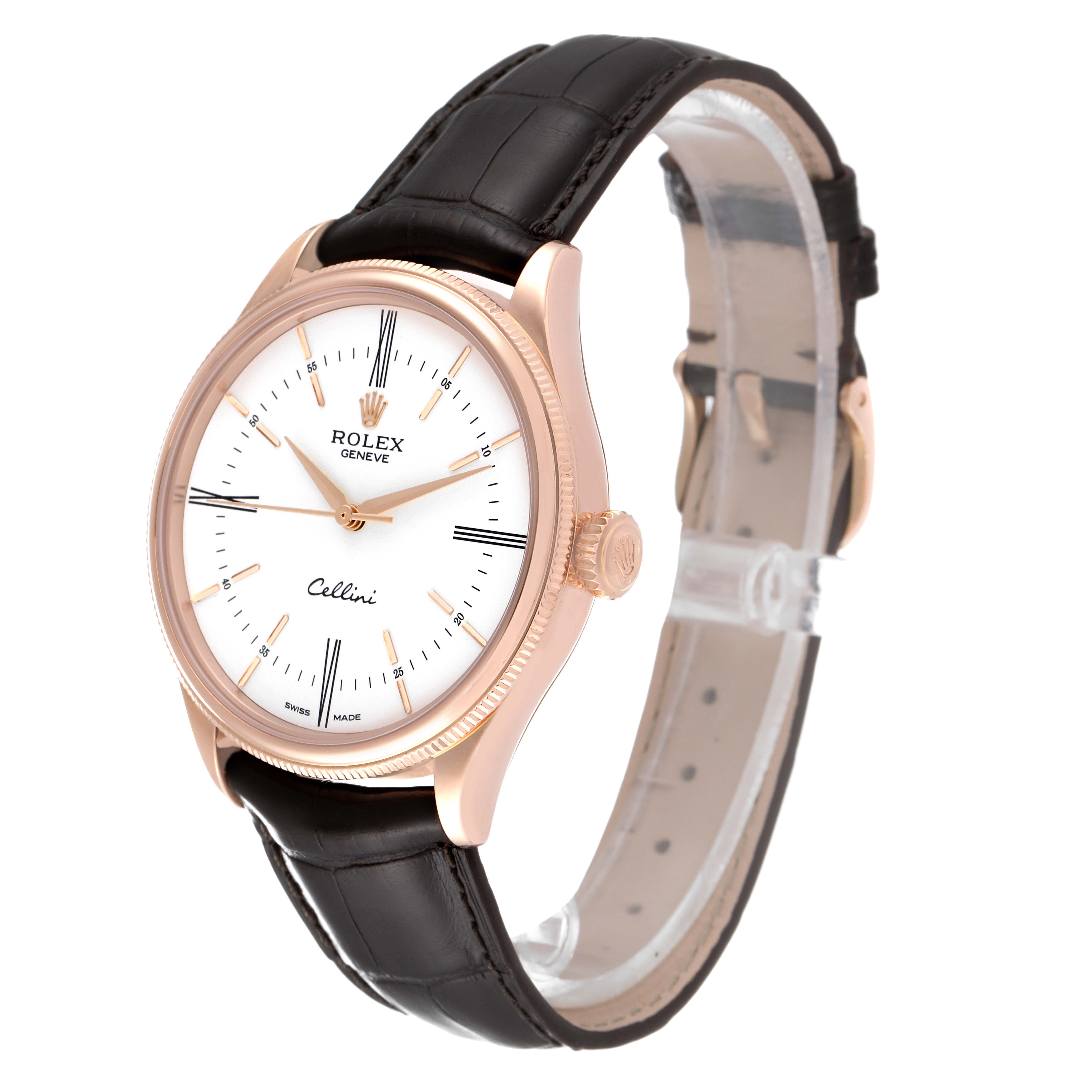 The Rolex Cellini 50505 Men's Rose Gold White Dial 50505 Men's Rose Gold White Dial watch is shown at a slight angle, displaying its white dial, rose gold case, crown, and black leather strap.