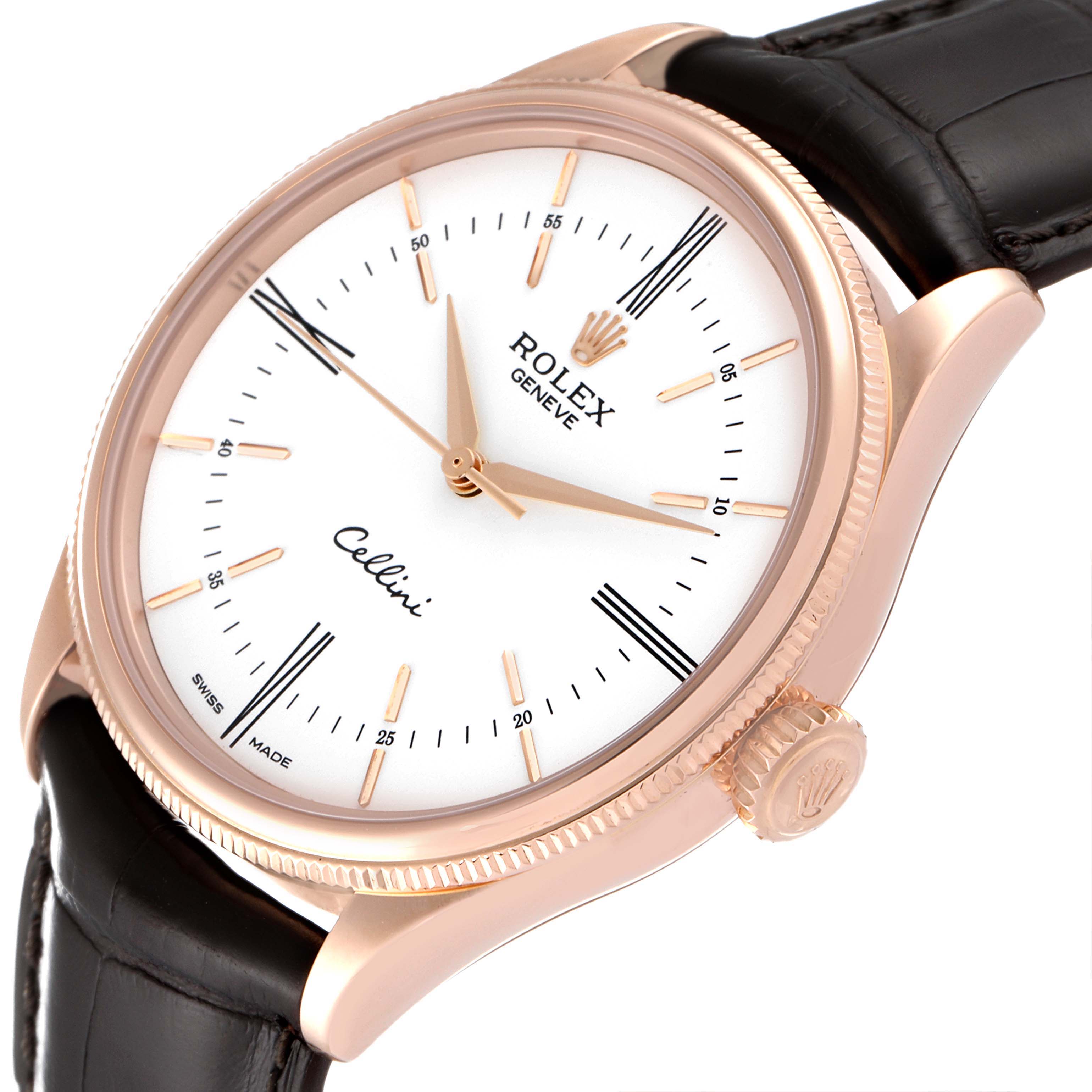The Rolex Cellini 50505 Men's Rose Gold White Dial 50505 Men's Rose Gold White Dial watch is shown at a slight angle from the front, displaying the dial, case, crown, and part of the leather strap.
