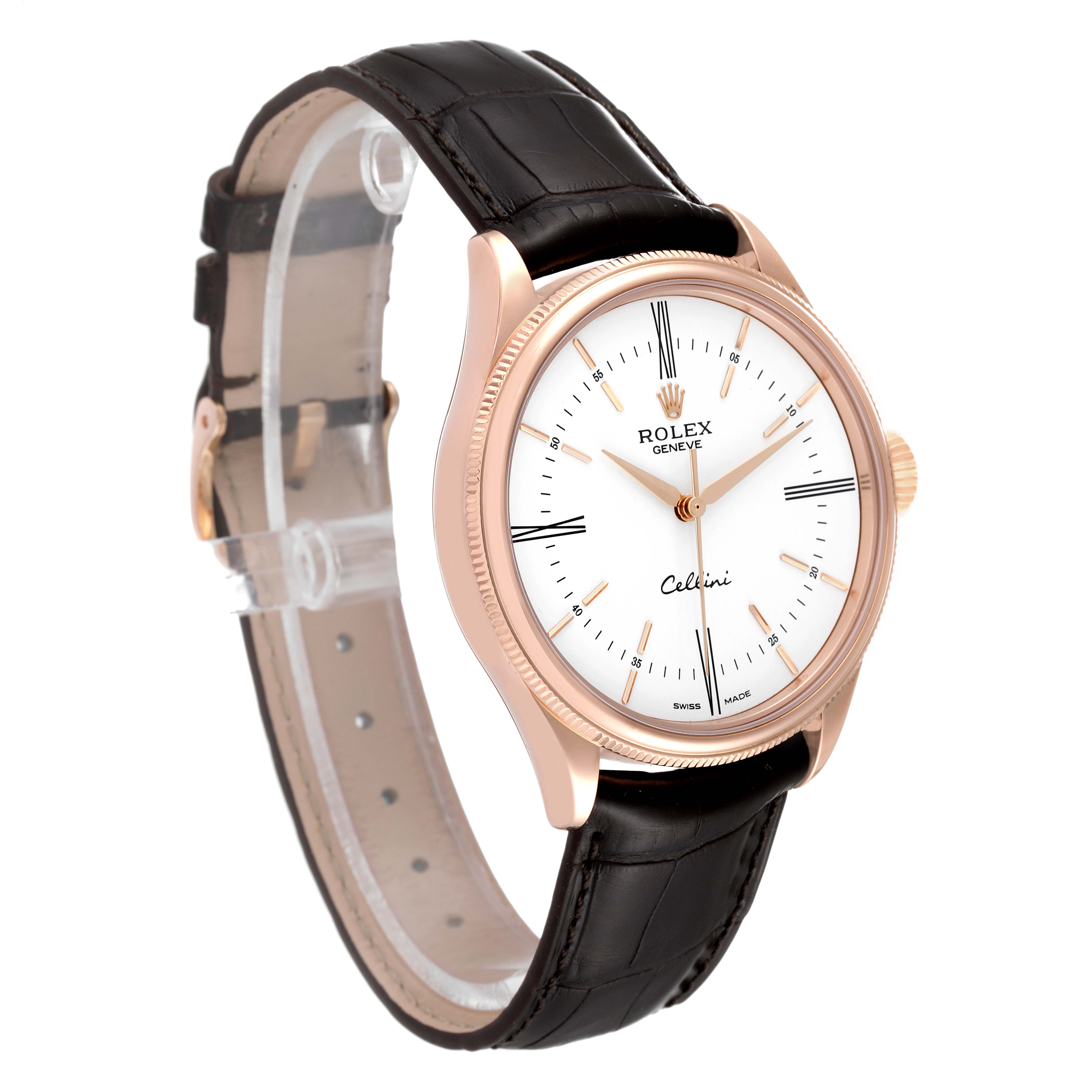 This Rolex Cellini 50505 Men's Rose Gold White Dial 50505 Men's Rose Gold White Dial watch is shown at a slight left angle, highlighting its rose gold casing, white dial, and black leather strap.