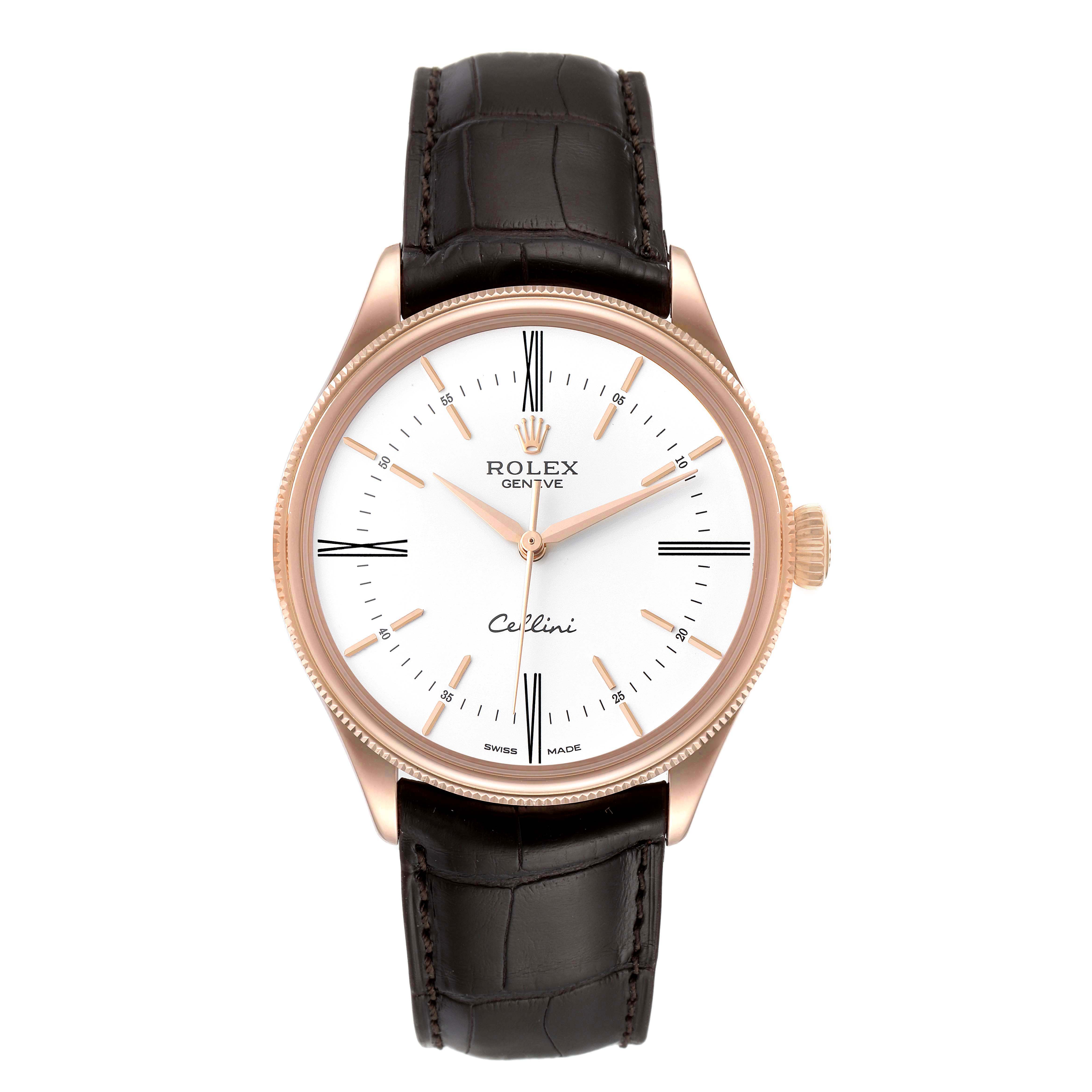 The image shows a front view of a Rolex Cellini 50505 Men's Rose Gold White Dial 50505 Men's Rose Gold White Dial watch, highlighting its dial, hands, markers, bezel, and leather strap.