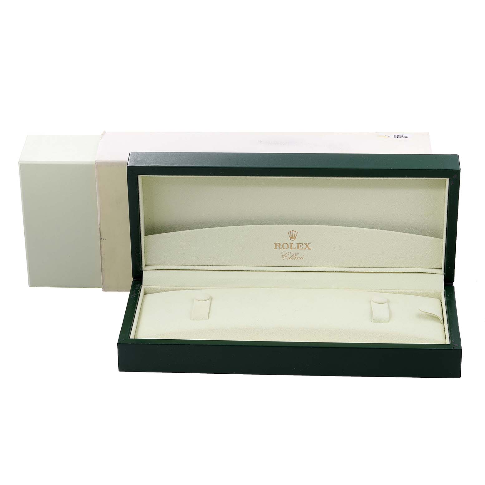 The image shows an open Rolex Cellini 50505 Men's Rose Gold White Dial 50505 Men's Rose Gold White Dial watch case, viewed from the front, with its exterior box visible in the background.