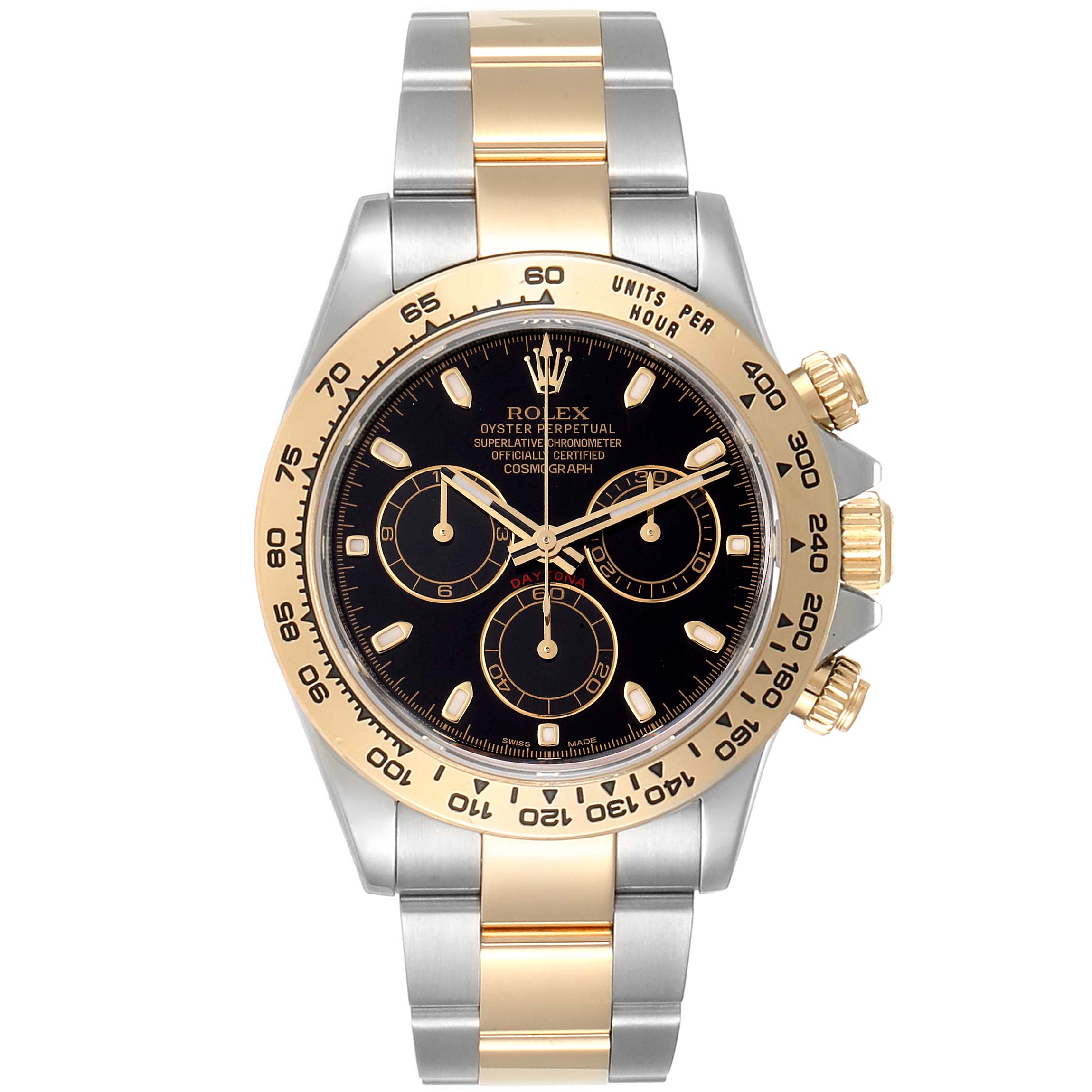 The image shows a front view of a Rolex Daytona 116503 Men's Steel and Gold (two tone) Black Dial 116503 Men's Steel and Gold (two tone) Black Dial watch, displaying its face, bezel, and bracelet.