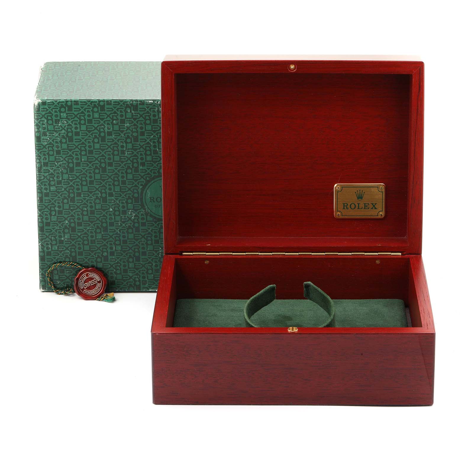 This image shows an empty wooden Rolex Daytona 116503 Men's Steel and Gold (two tone) Black Dial 116503 Men's Steel and Gold (two tone) Black Dial watch box, its green lining, outer packaging, and accompanying tags.