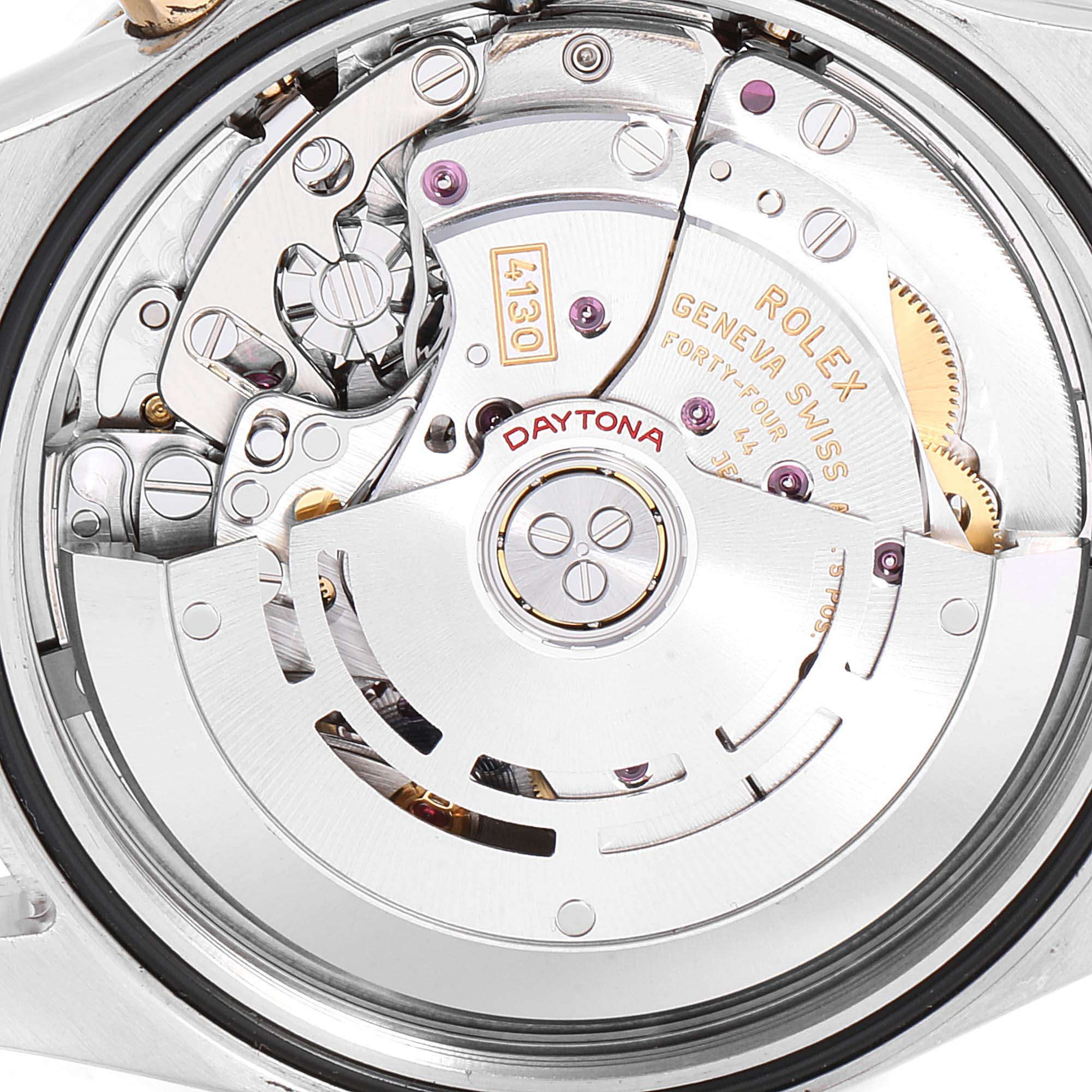 This image shows the movement and inner mechanical parts of a Rolex Daytona 116503 Men's Steel and Gold (two tone) Black Dial 116503 Men's Steel and Gold (two tone) Black Dial watch from a close-up view.