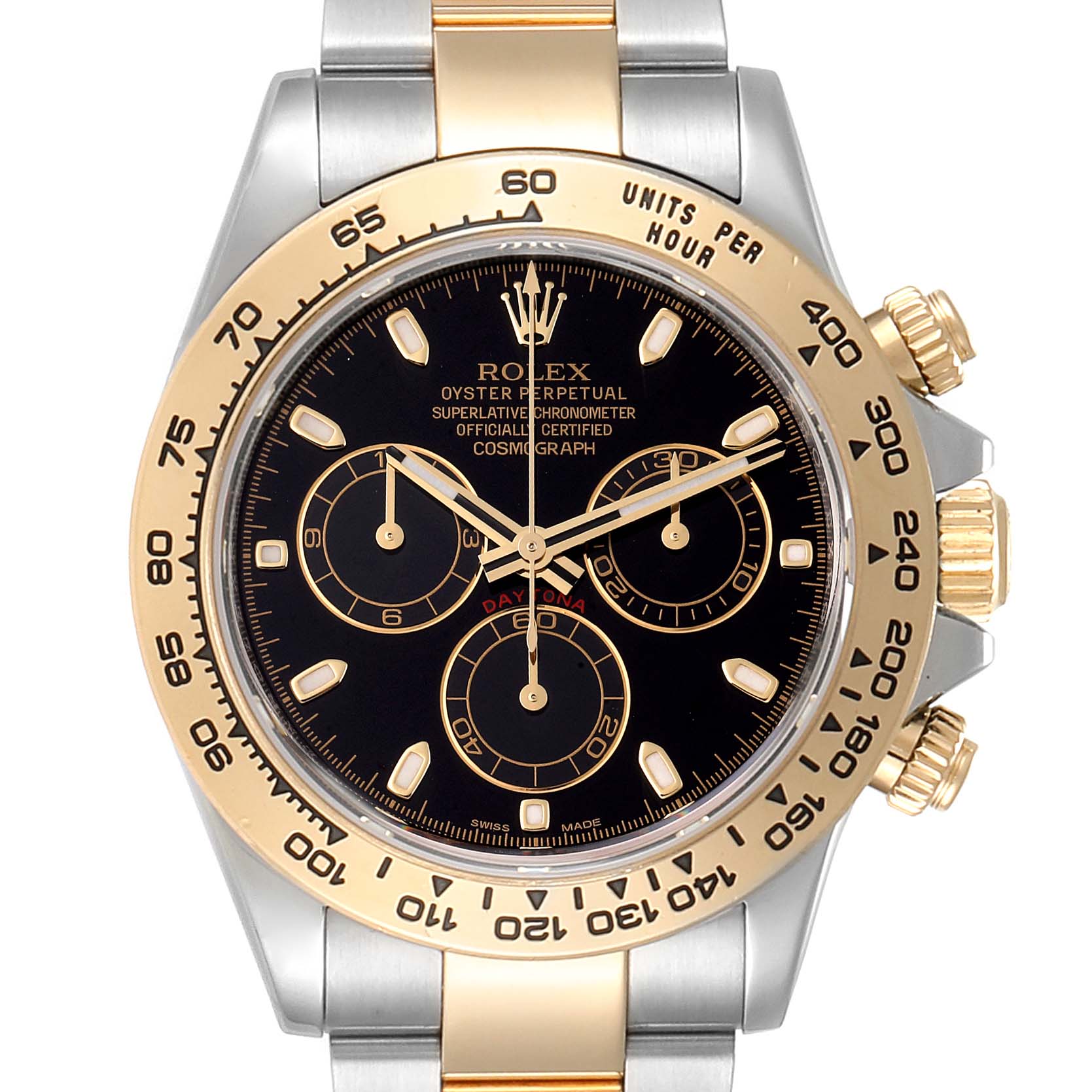 The image shows a front view of a Rolex Daytona 116503 Men's Steel and Gold (two tone) Black Dial 116503 Men's Steel and Gold (two tone) Black Dial watch, highlighting its face, bezel, crown, and part of the bracelet.