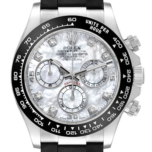 The Rolex Daytona 116519LN Men's White Gold Mother of Pearl Dial watch is shown from the front, highlighting its dial, bezel, and chronograph sub-dials.