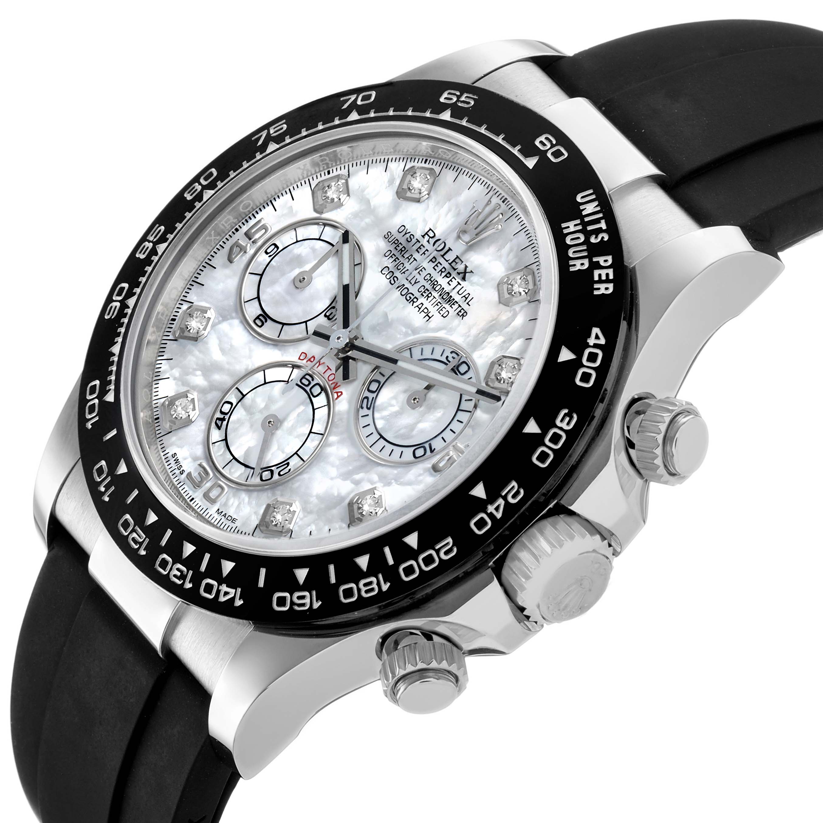 The Rolex Daytona 116519LN Men's White Gold Mother of Pearl Dial watch is shown at an angled view, highlighting the dial, bezel, and pushers.
