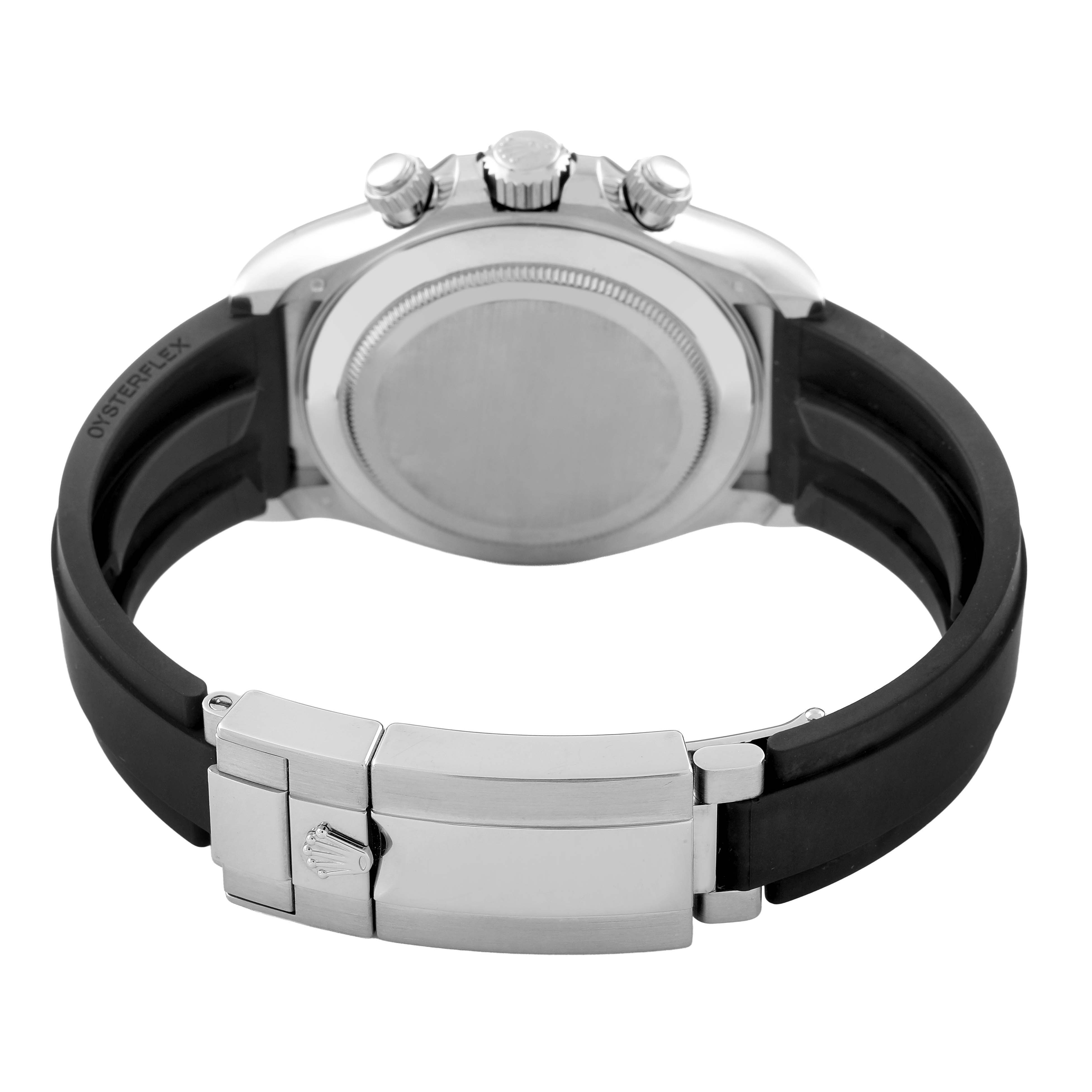 The image shows the back view of a Rolex Daytona 116519LN Men's White Gold Mother of Pearl Dial, highlighting the caseback, crown, pushers, and Oysterflex strap.