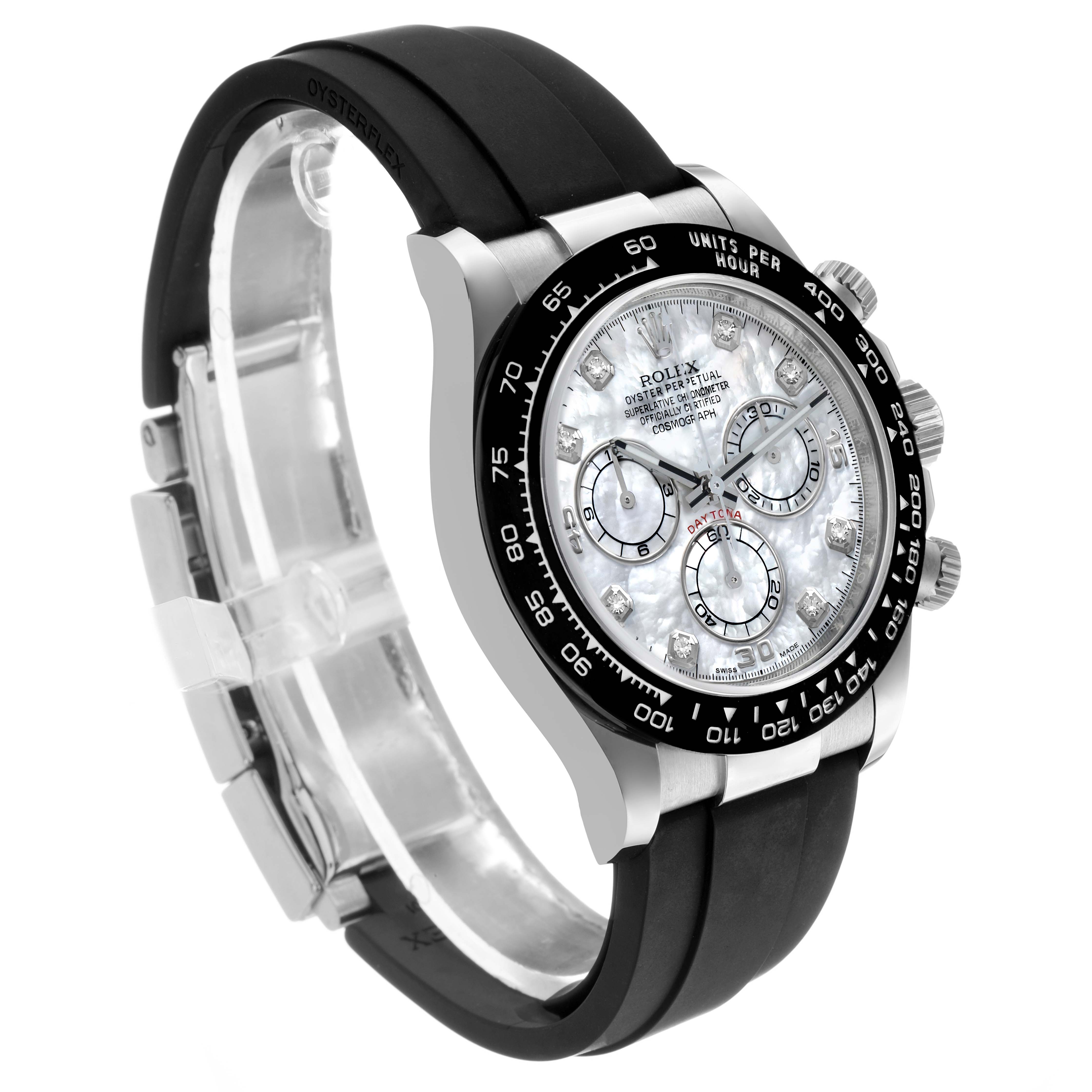 The Rolex Daytona 116519LN Men's White Gold Mother of Pearl Dial watch is shown at an angled view displaying the face, bezel, crown, and rubber strap.