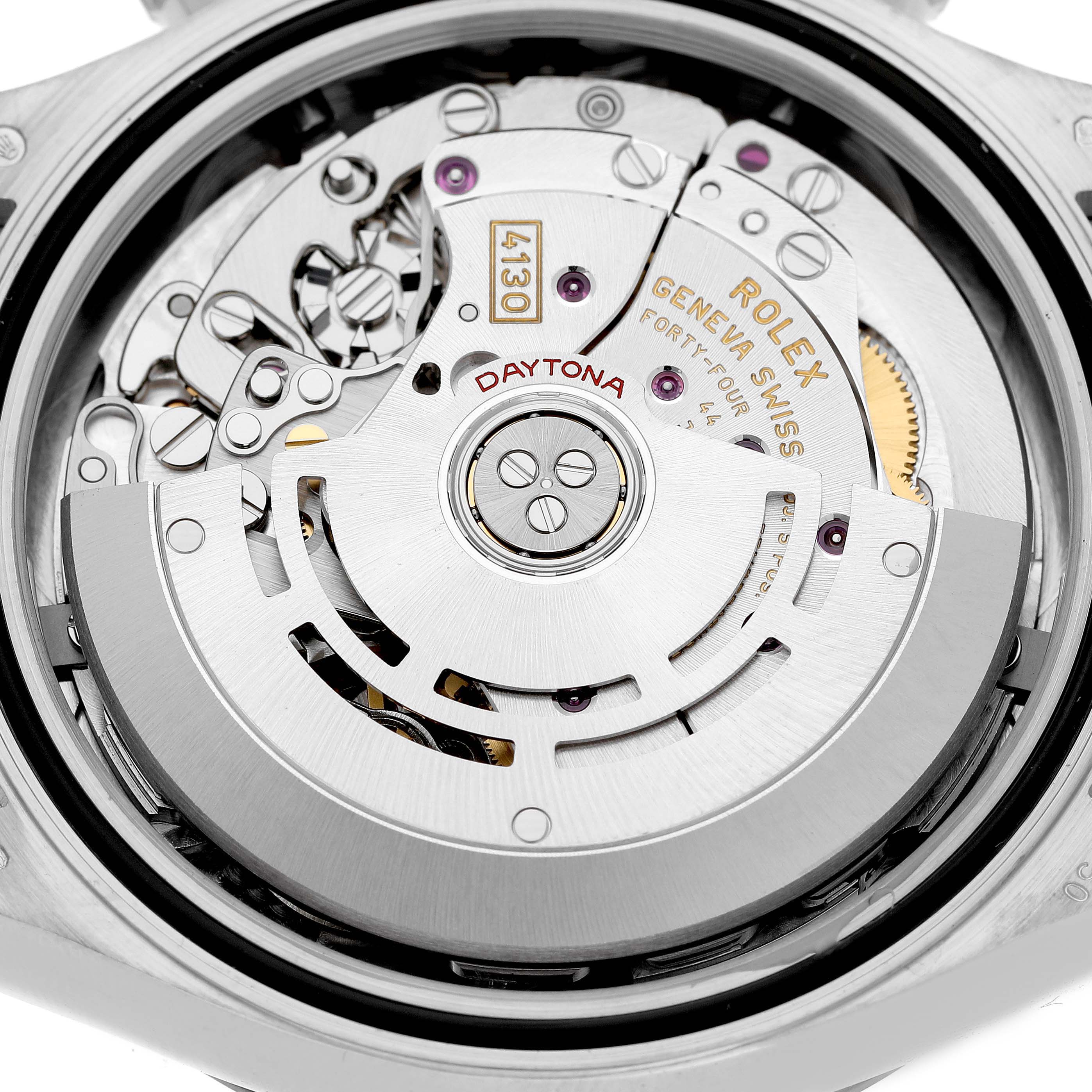 The image shows the inner mechanism of a Rolex Daytona 116519LN Men's White Gold Mother of Pearl Dial, focusing on the detailed movement components.