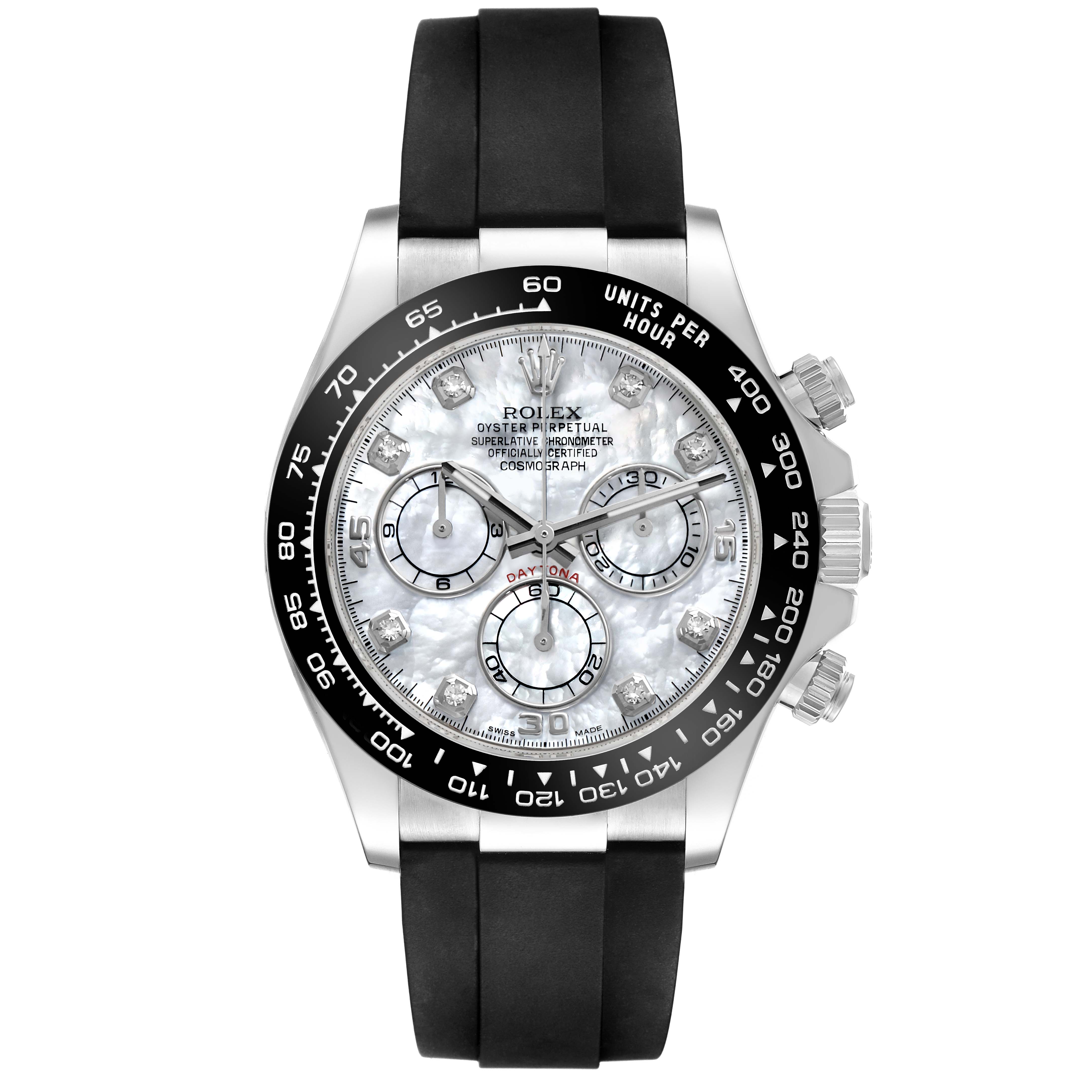 The Rolex Daytona 116519LN Men's White Gold Mother of Pearl Dial watch is shown from a frontal angle, highlighting the face, bezel, and pushers with a black strap.