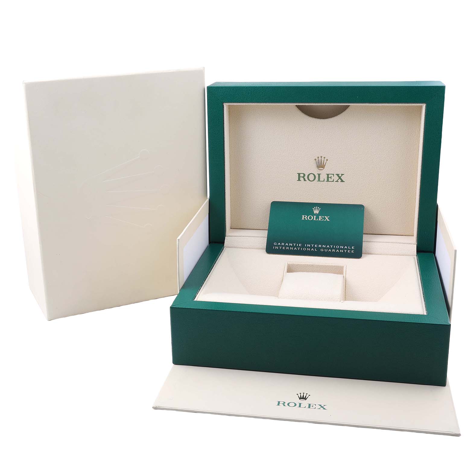 The image showcases the open green and beige Rolex Daytona 116519LN Men's White Gold Mother of Pearl Dial watch box, displaying the warranty card inside.
