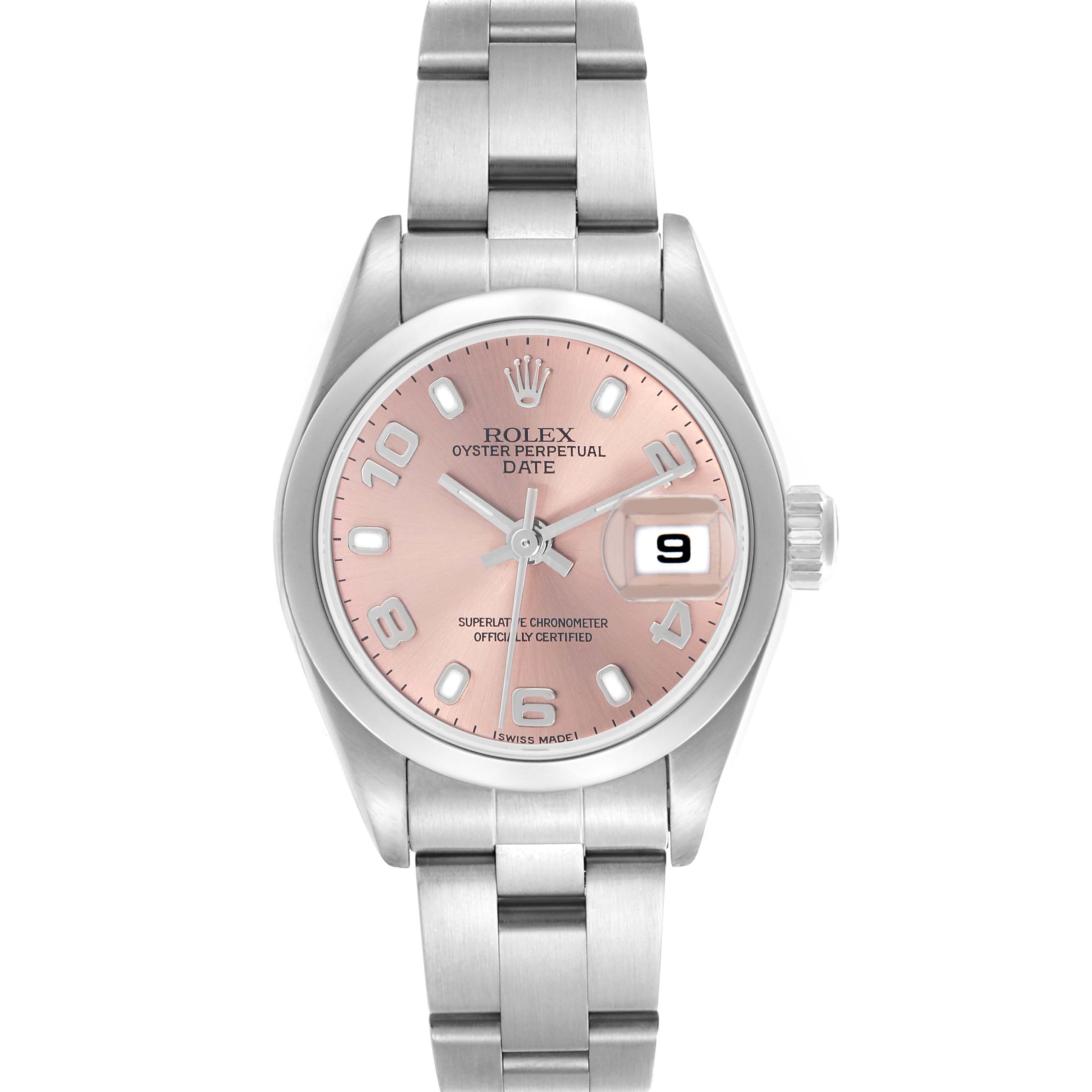 The Rolex Date 79160 Women's Stainless Steel Pink Dial 79160 Women's Stainless Steel Pink Dial model watch is shown from the front, highlighting its pink dial, bracelet, and date window.