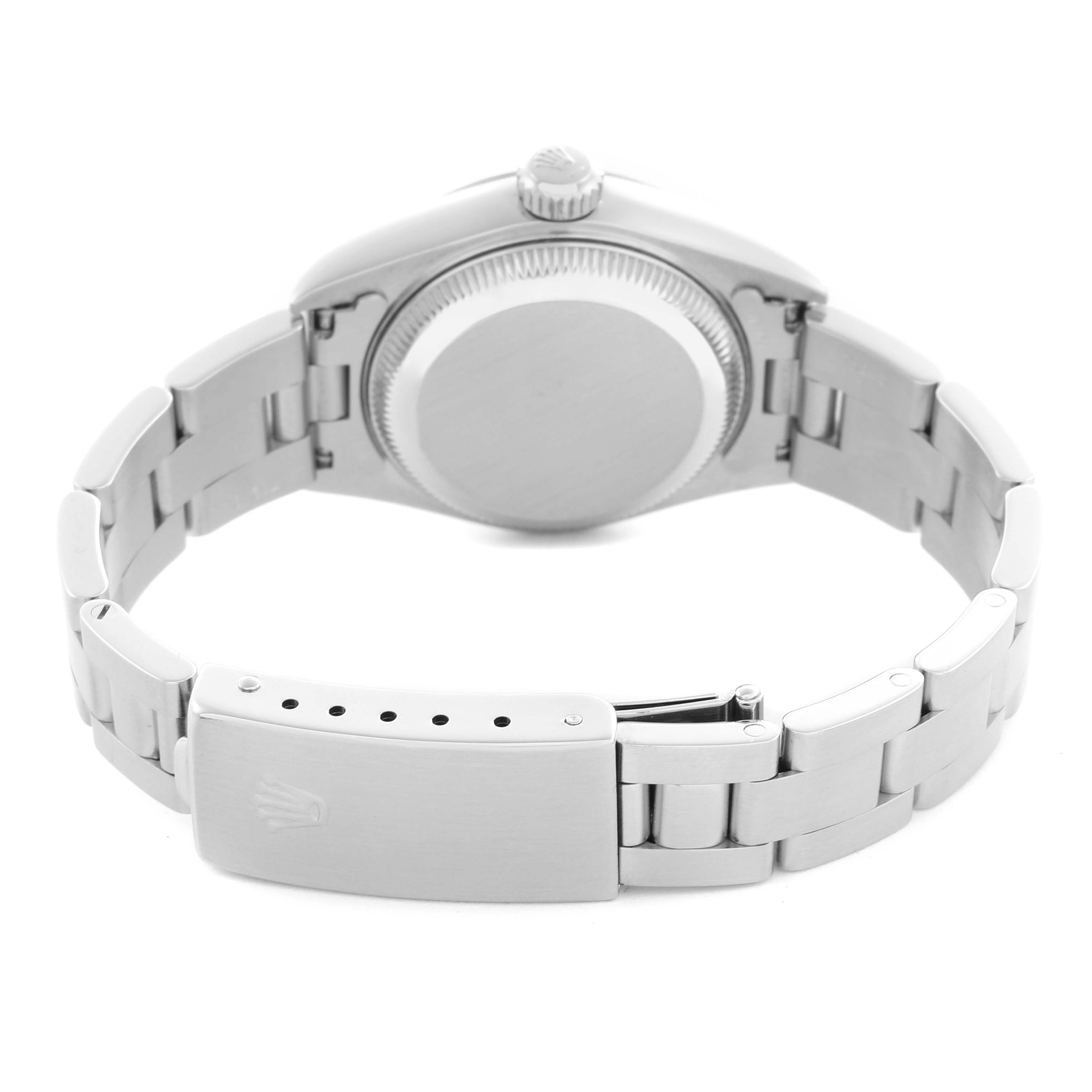 The image shows a Rolex Date 79160 Women's Stainless Steel Pink Dial 79160 Women's Stainless Steel Pink Dial model watch from the back, highlighting the clasp, bracelet, and case back.