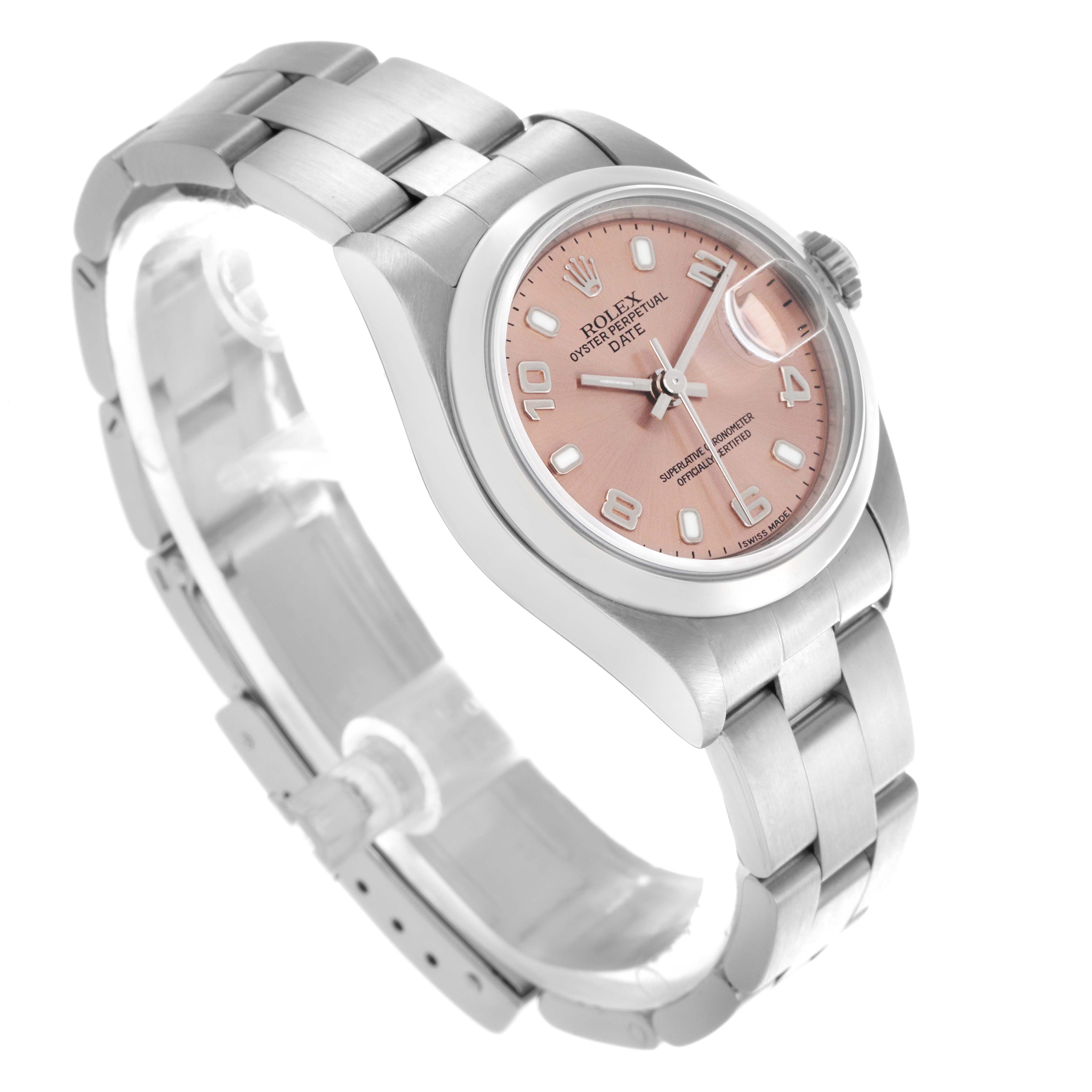 The Rolex Date 79160 Women's Stainless Steel Pink Dial 79160 Women's Stainless Steel Pink Dial watch is shown at a three-quarter angle, highlighting the dial, bezel, case, and bracelet.