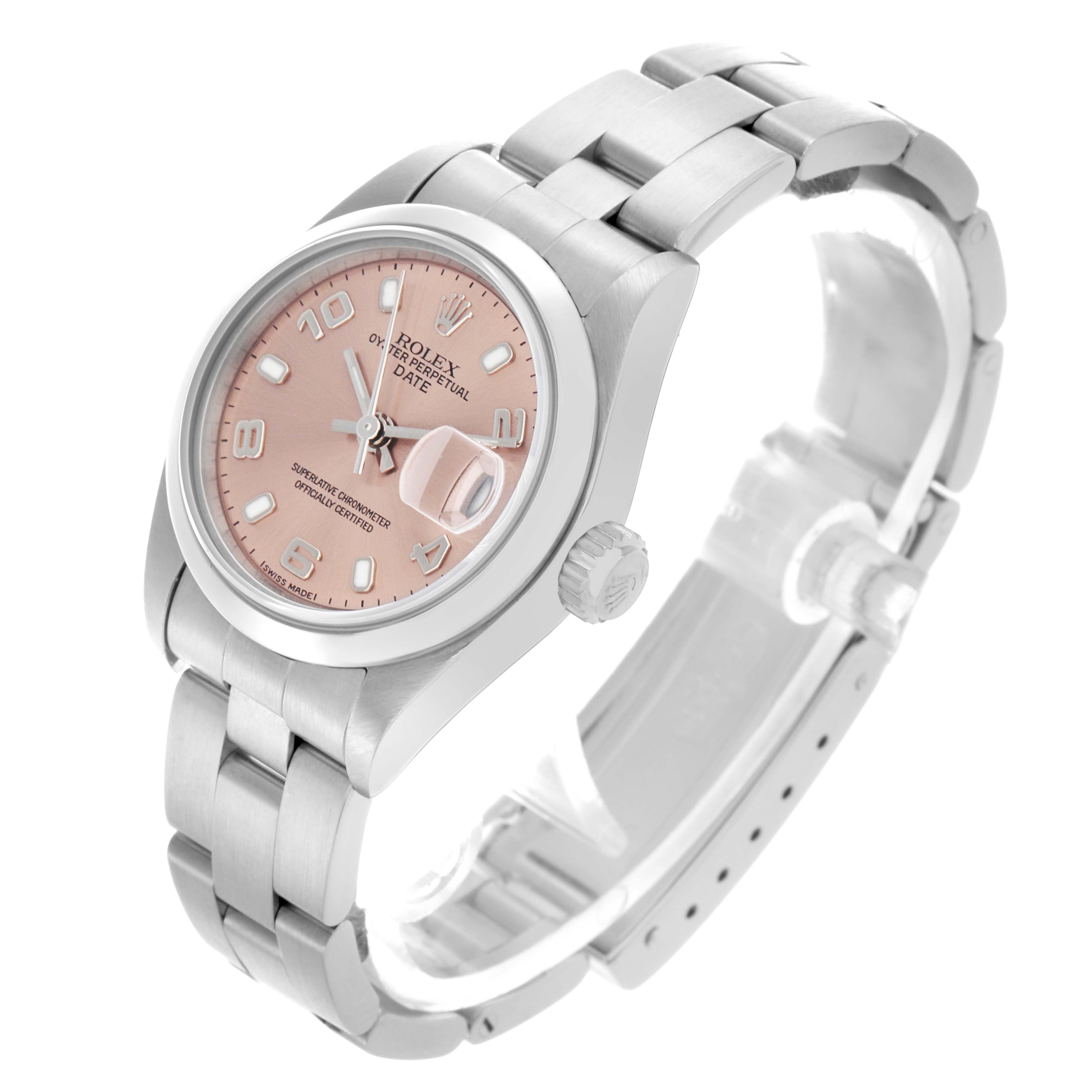 The Rolex Date 79160 Women's Stainless Steel Pink Dial 79160 Women's Stainless Steel Pink Dial watch is shown at a slight side angle featuring the dial, bezel, bracelet, and crown.