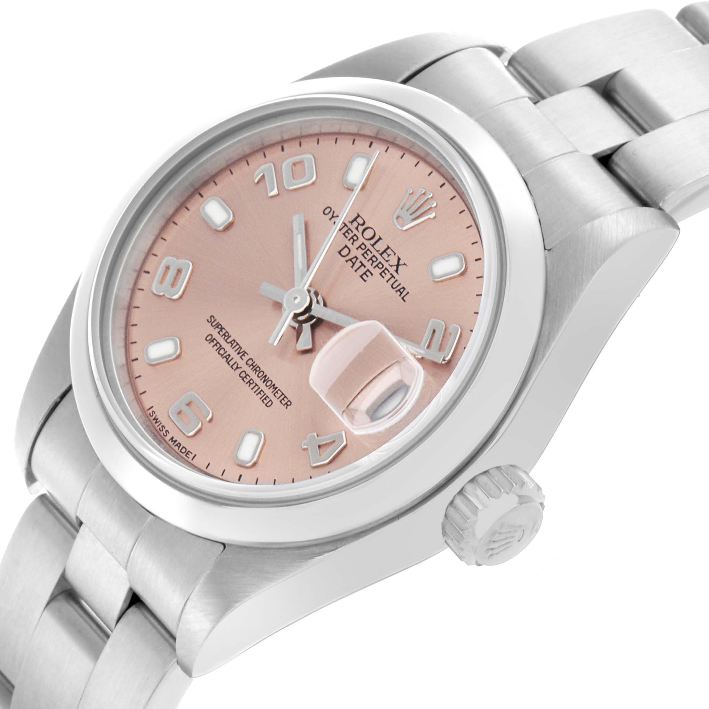 The Rolex Date 79160 Women's Stainless Steel Pink Dial 79160 Women's Stainless Steel Pink Dial watch is shown at an angled top view, displaying the face, bezel, crown, and part of the bracelet.