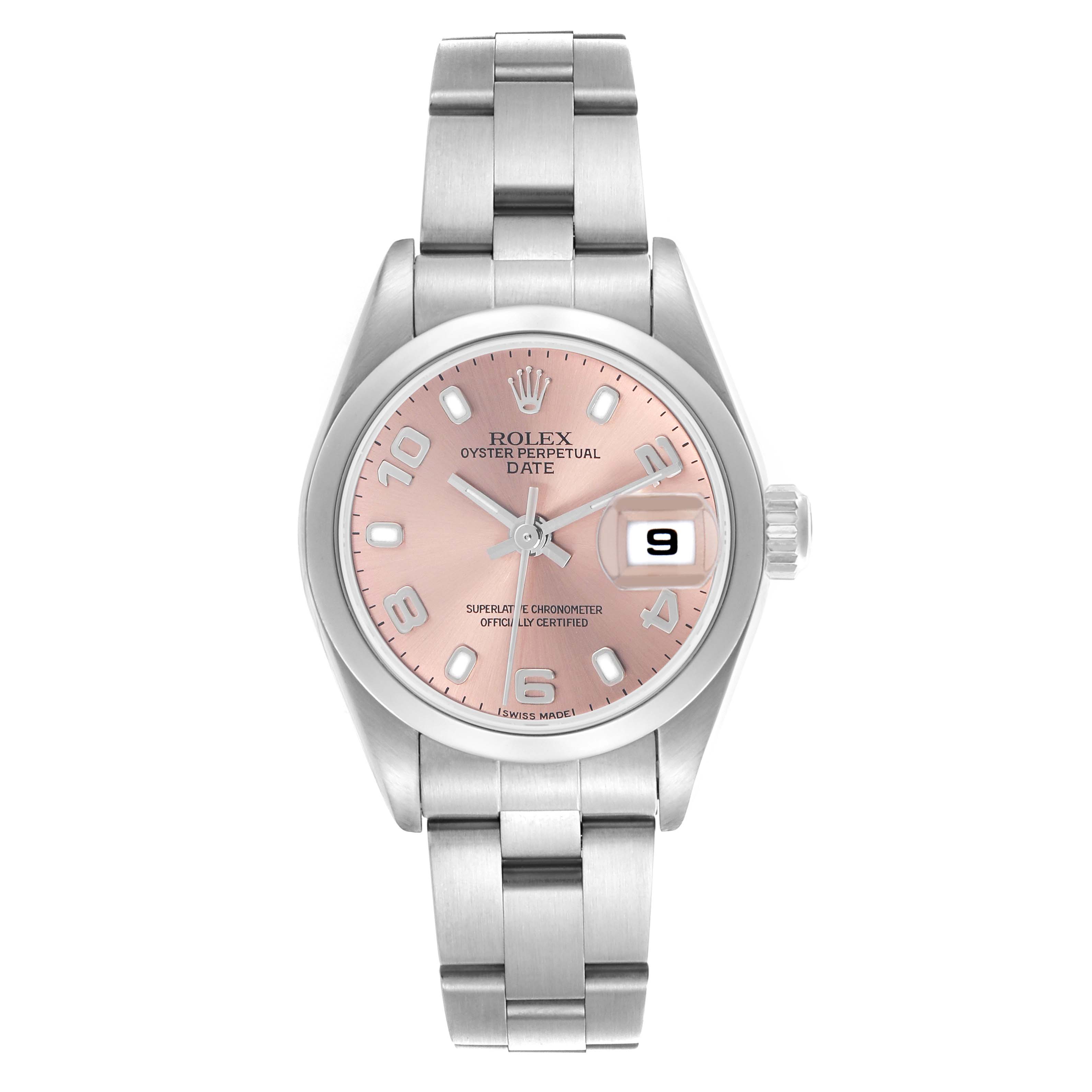 The Rolex Date 79160 Women's Stainless Steel Pink Dial 79160 Women's Stainless Steel Pink Dial watch is displayed from a top-down angle, showing the face, bracelet, and date window.
