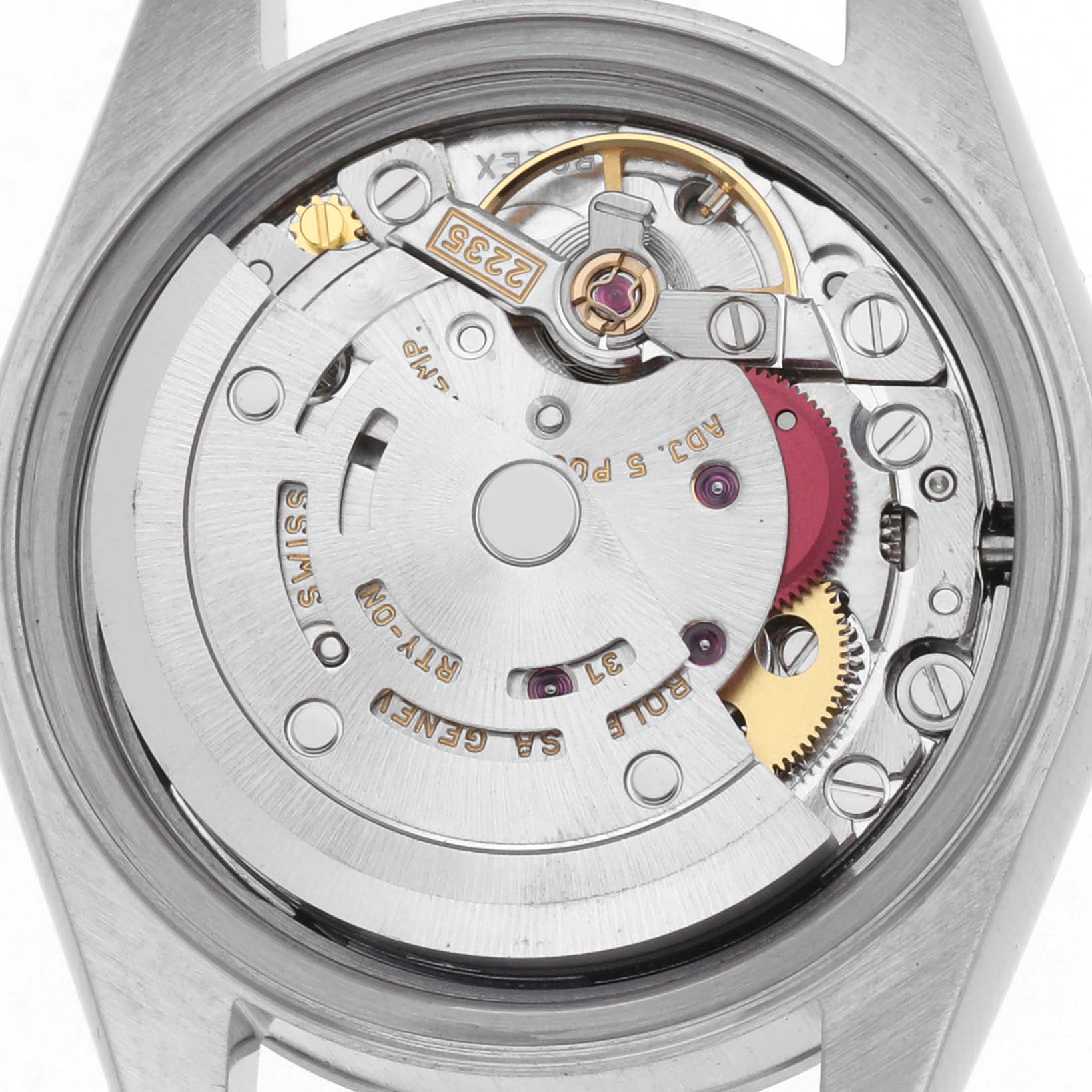 The image shows the movement of a Rolex Date 79160 Women's Stainless Steel Pink Dial 79160 Women's Stainless Steel Pink Dial model, highlighting its intricate gears and mechanisms from the back.