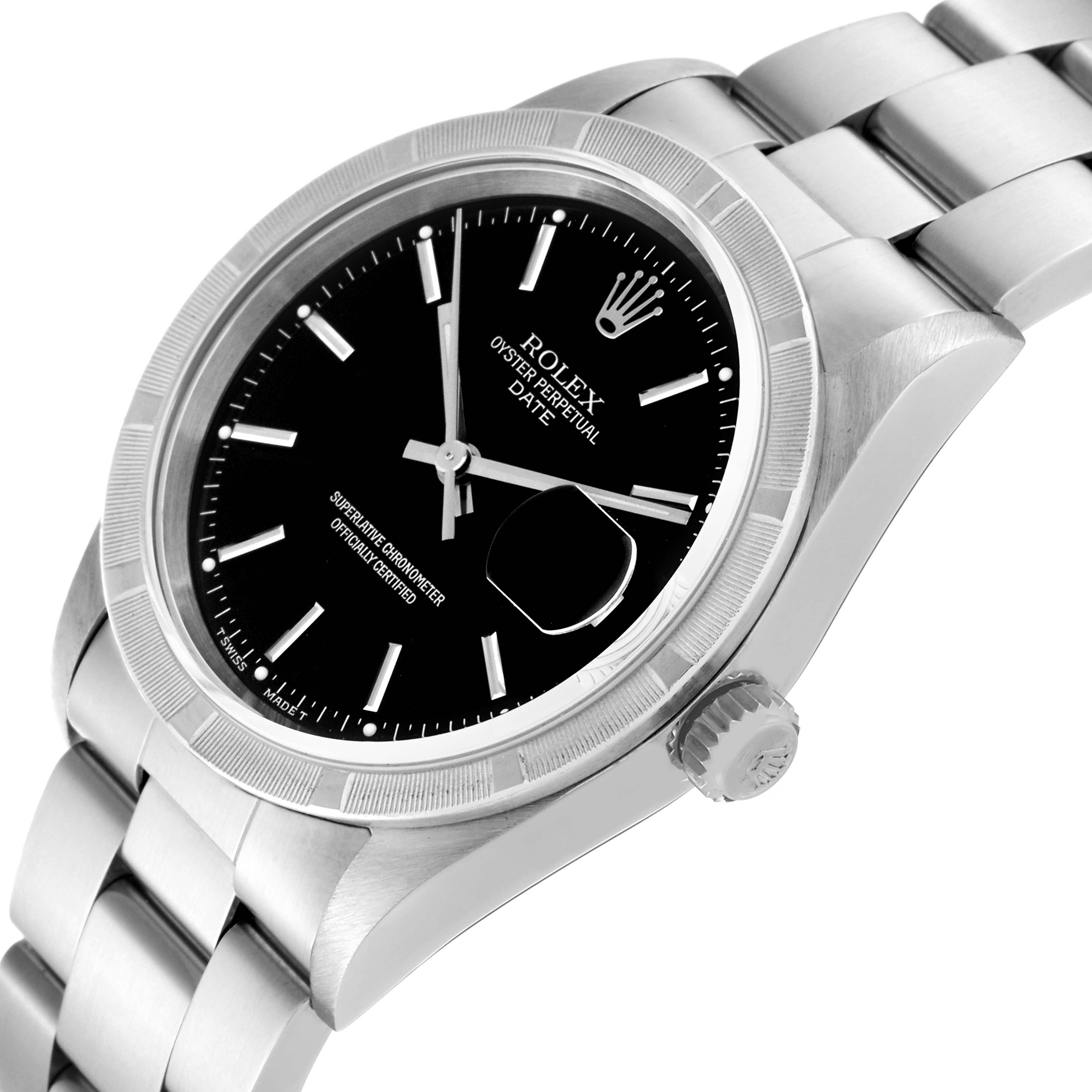 The image shows a Rolex Oyster Perpetual Date watch at an angled view, highlighting its black dial, bracelet, and crown.