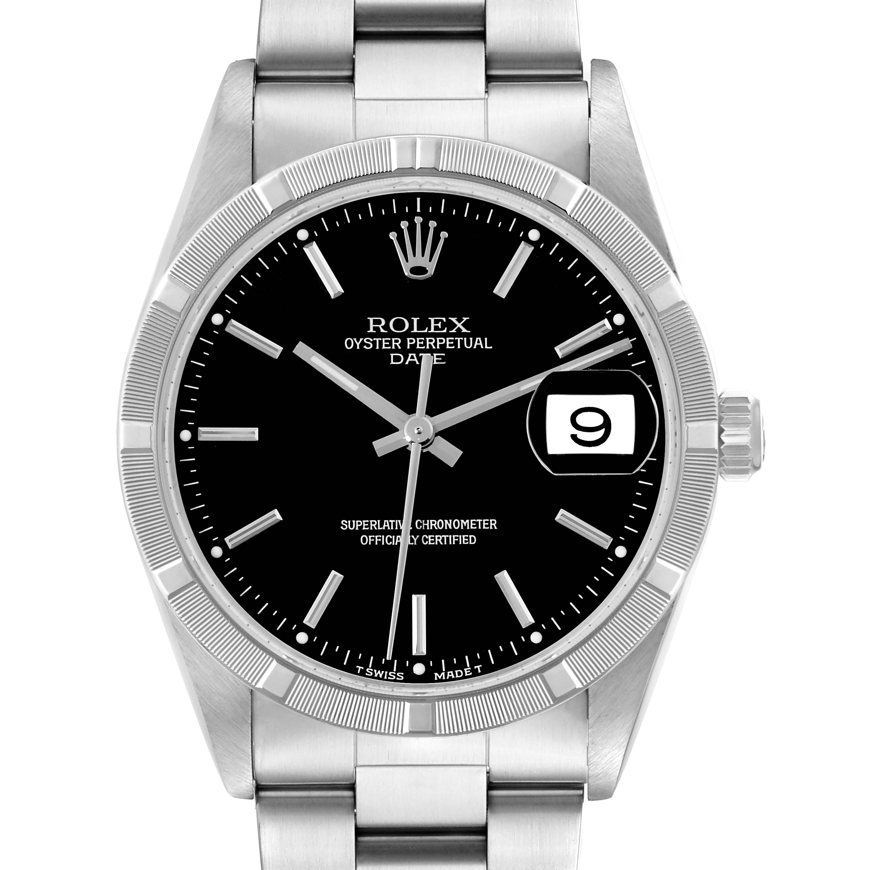 The image shows a front view of the Rolex Oyster Perpetual Date watch, including its black dial, date window, and stainless steel bracelet.