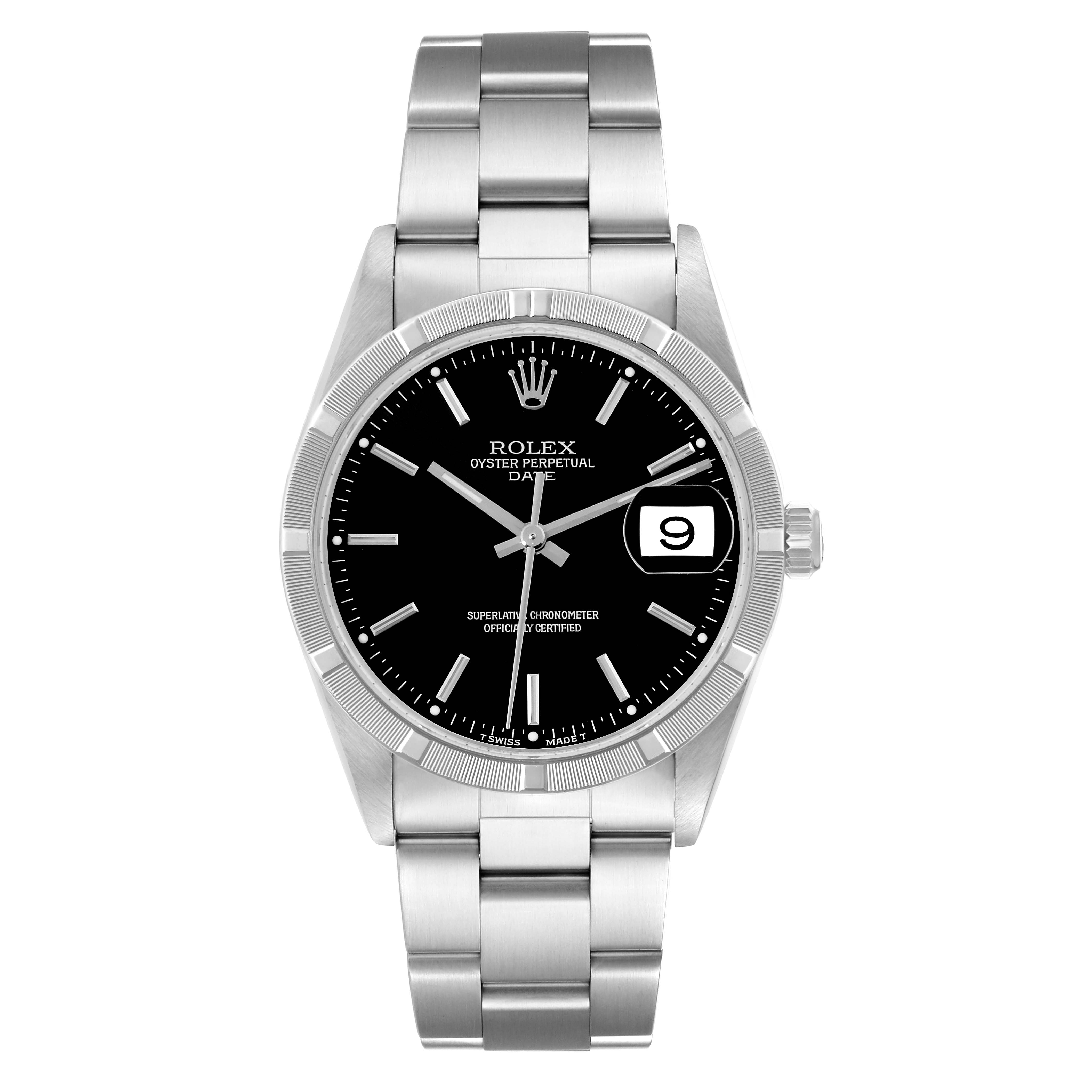 This image shows a Rolex Date 15210 Men
s Stainless Steel Black Dial 15210 Men
s Stainless Steel Black Dial model watch from a top-down angle, displaying its dial, bezel, and bracelet.