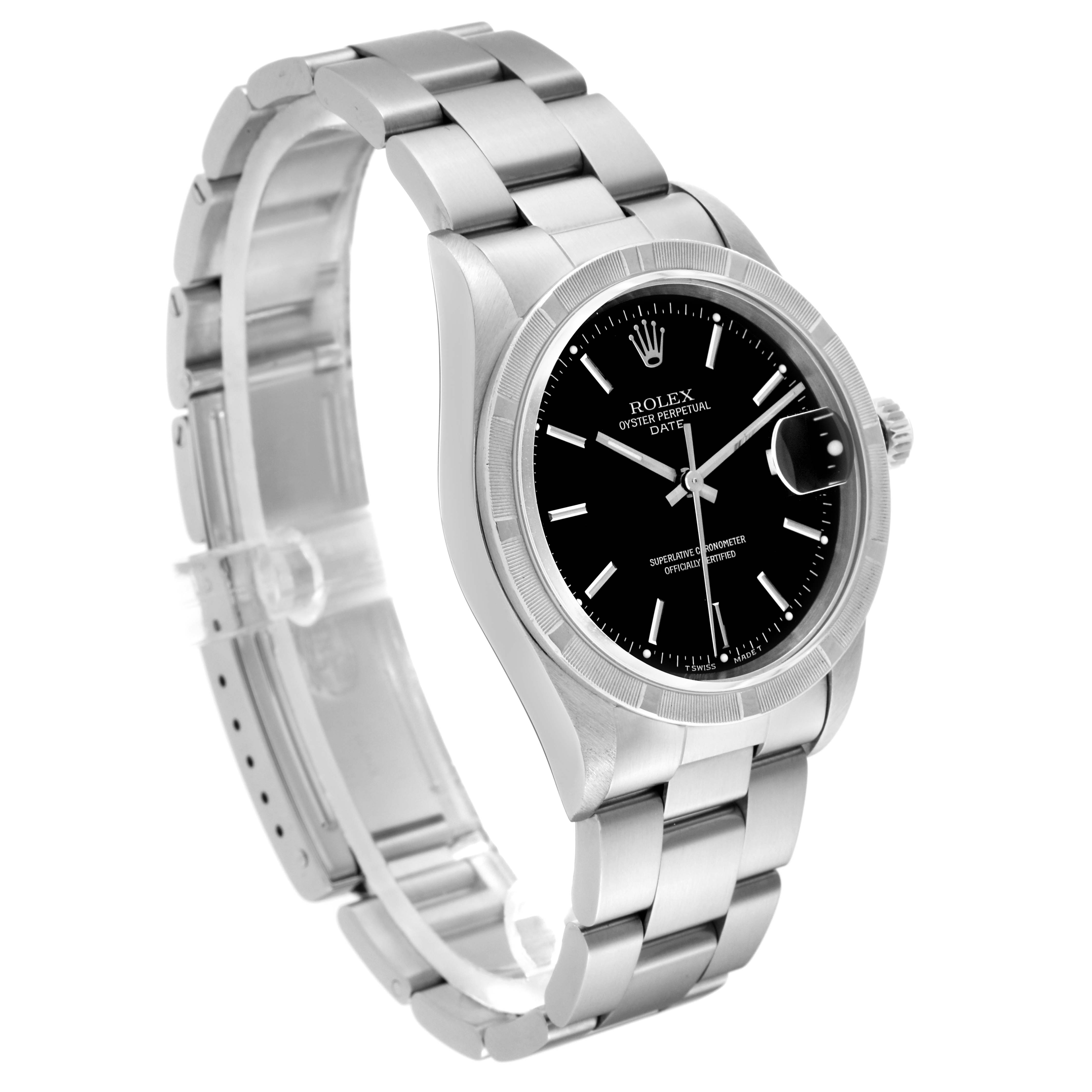 The image shows a side-view angle of a Rolex Date 15210 Men
s Stainless Steel Black Dial 15210 Men
s Stainless Steel Black Dial model watch, highlighting its black dial, bezel, and metal bracelet.