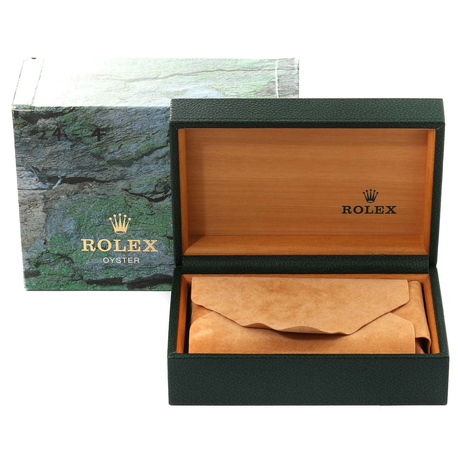 The image shows a Rolex Date 15210 Men
s Stainless Steel Black Dial 15210 Men
s Stainless Steel Black Dial model
s box and leather pouch, viewed from the front and slightly above.