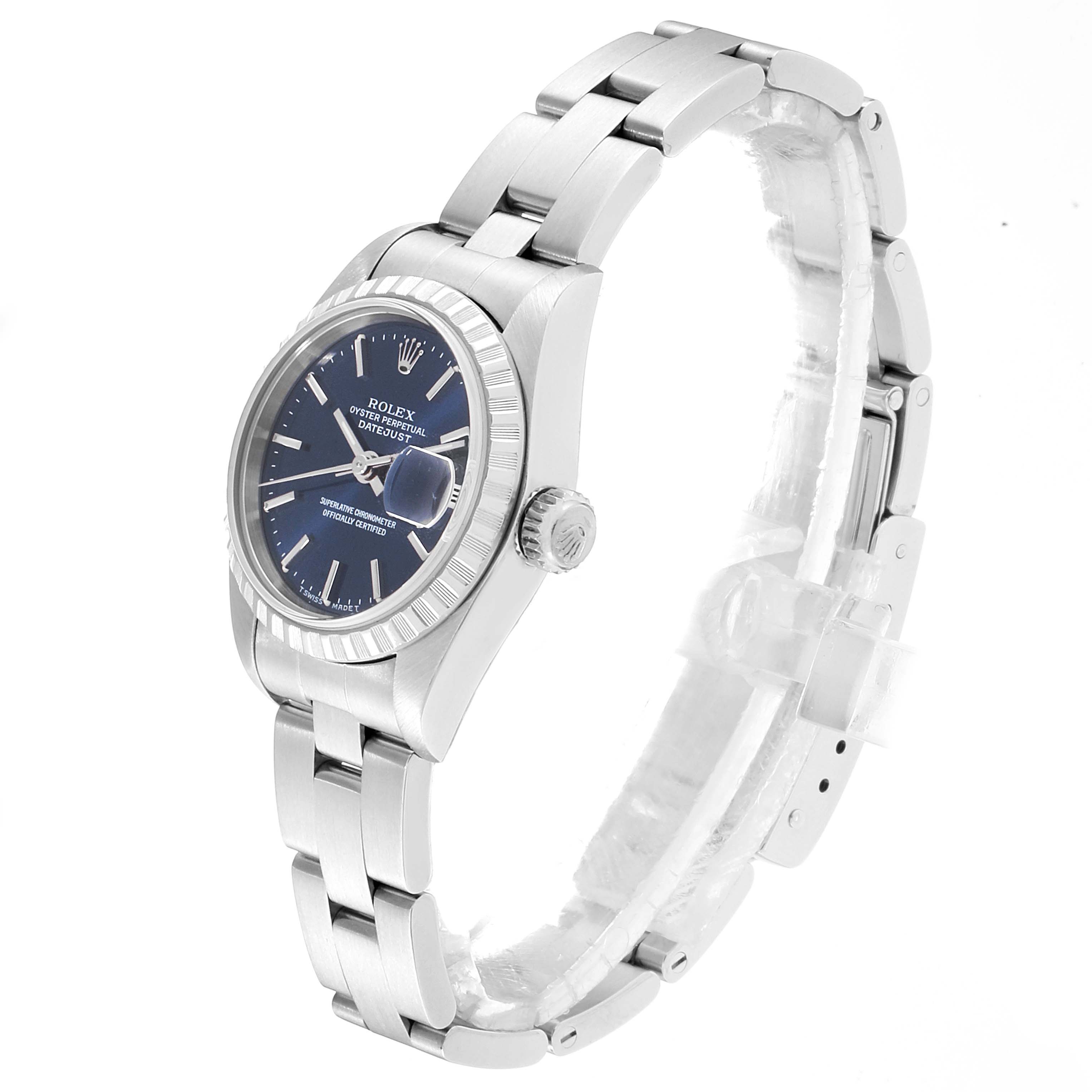 The image shows a side and front view of a Rolex Date 69240 Women
s Stainless Steel Blue Dial 69240 Women
s Stainless Steel Blue Dialjust watch, highlighting the face, bezel, and bracelet.