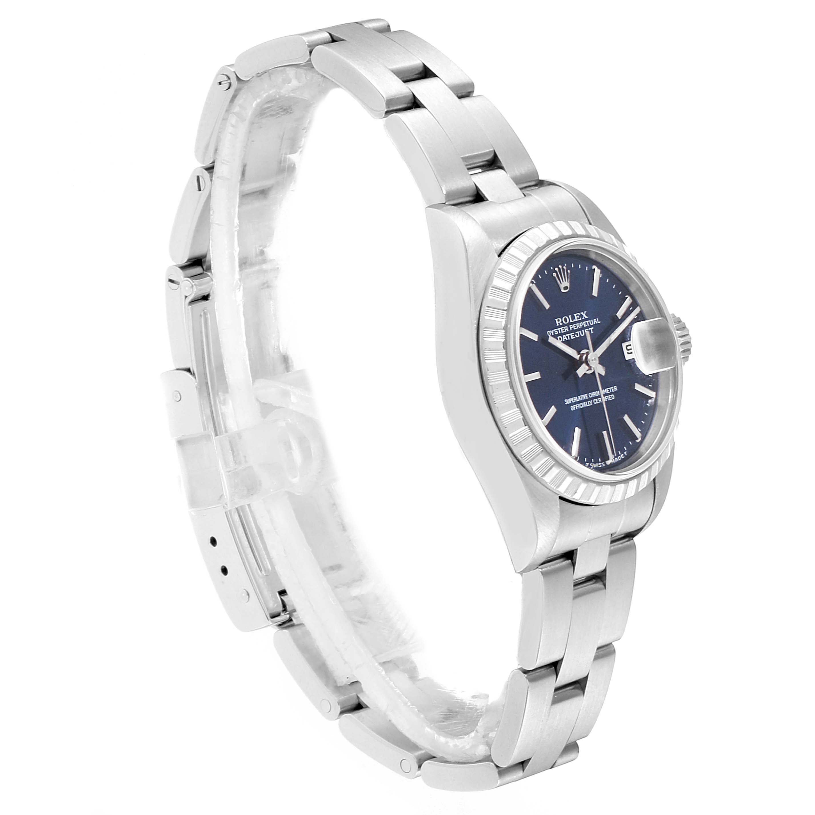 This Rolex Date 69240 Women
s Stainless Steel Blue Dial 69240 Women
s Stainless Steel Blue Dial model watch is shown at a side angle highlighting its bracelet, case, bezel, and dial.