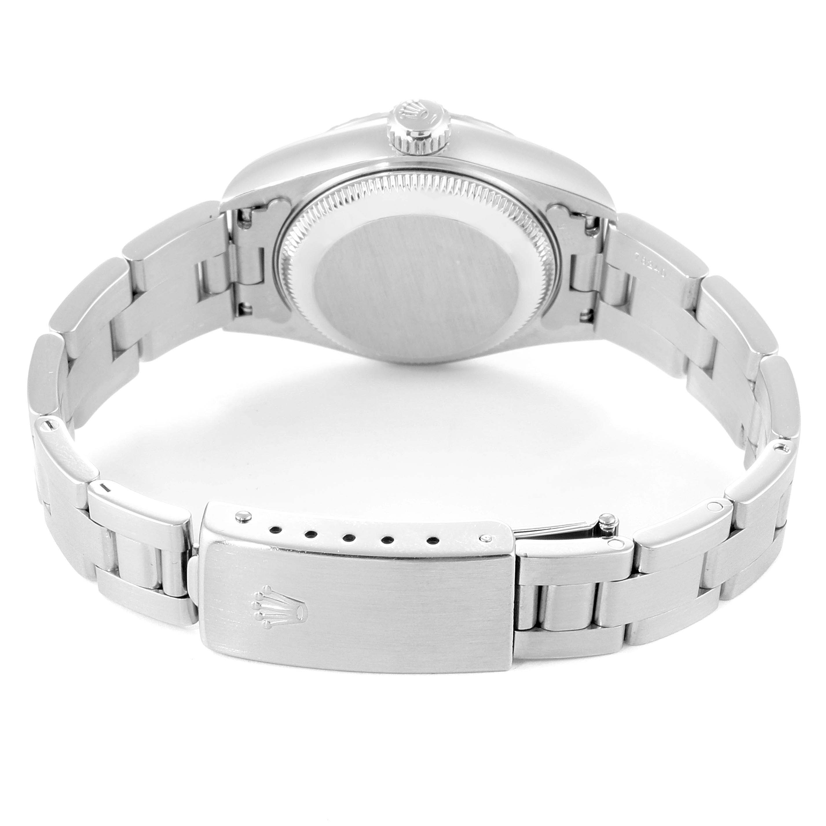 This image shows the back and clasp of a Rolex Date 69240 Women
s Stainless Steel Blue Dial 69240 Women
s Stainless Steel Blue Dial watch, displaying the bracelet and case back.