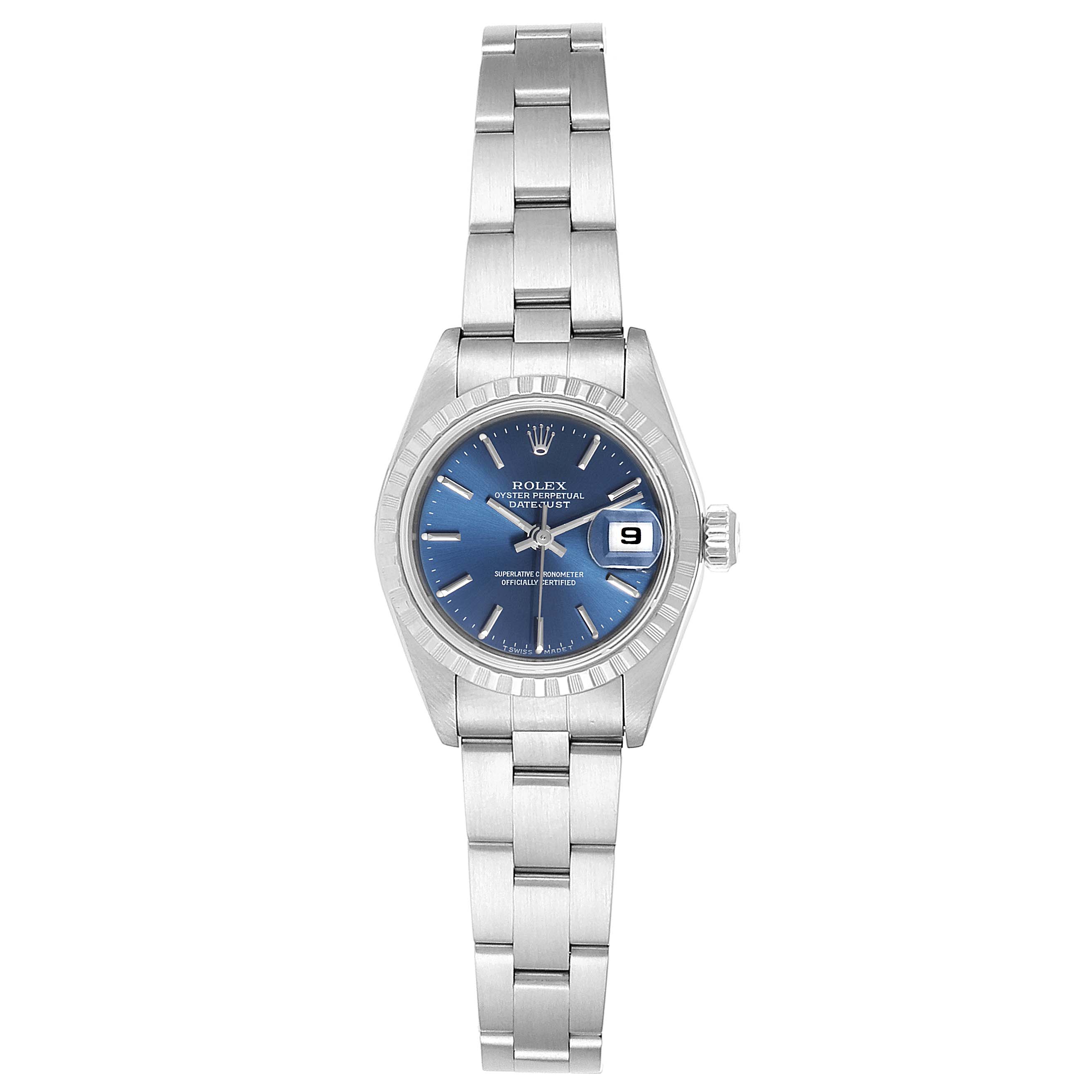 The image shows a full frontal view of the Rolex Date 69240 Women
s Stainless Steel Blue Dial 69240 Women
s Stainless Steel Blue Dial model, highlighting the blue dial, date display, and stainless steel bracelet.