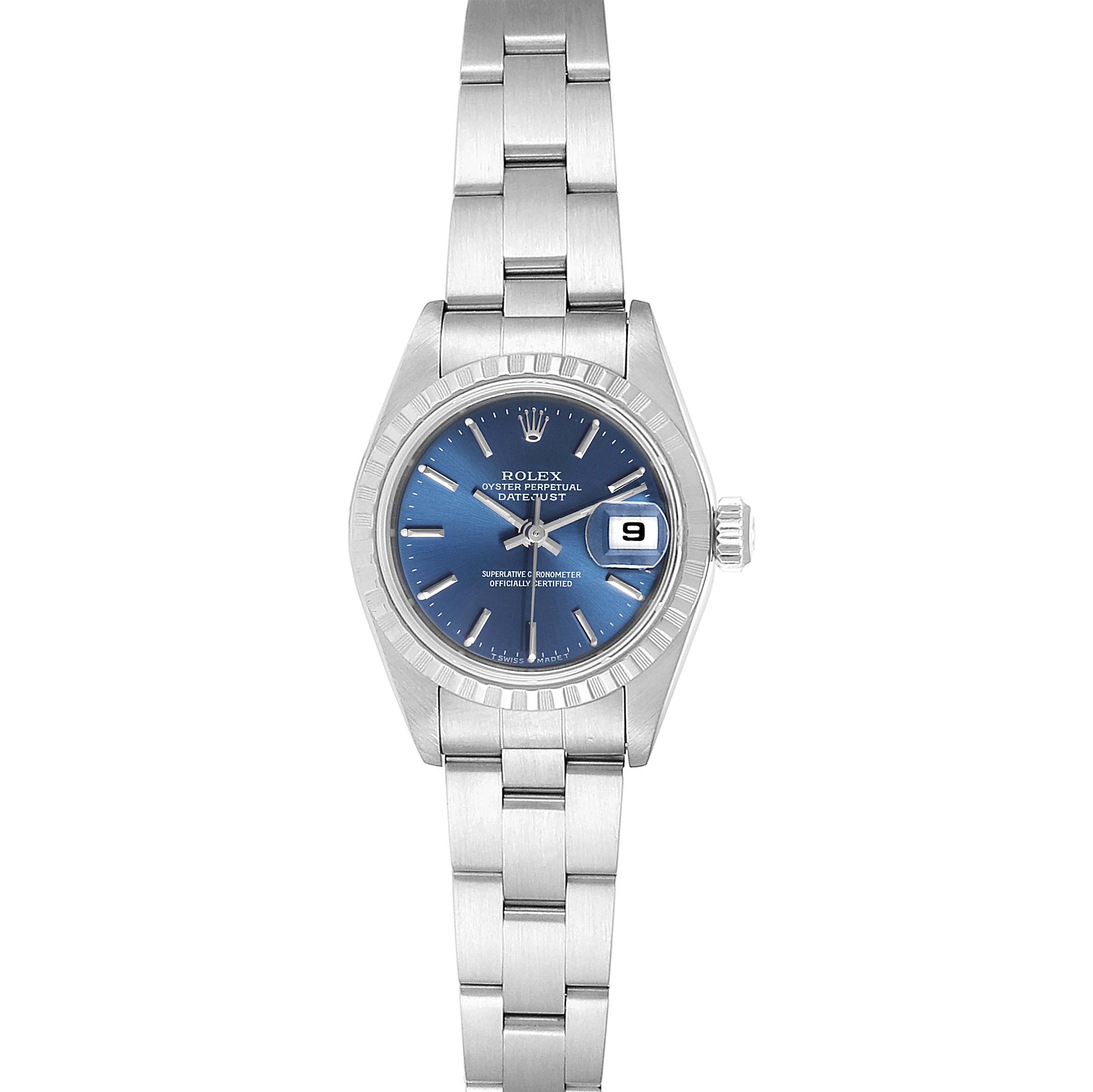 This Rolex Date 69240 Women
s Stainless Steel Blue Dial 69240 Women
s Stainless Steel Blue Dial model watch is shown from a front angle, displaying the face, date window, bezel, and bracelet.