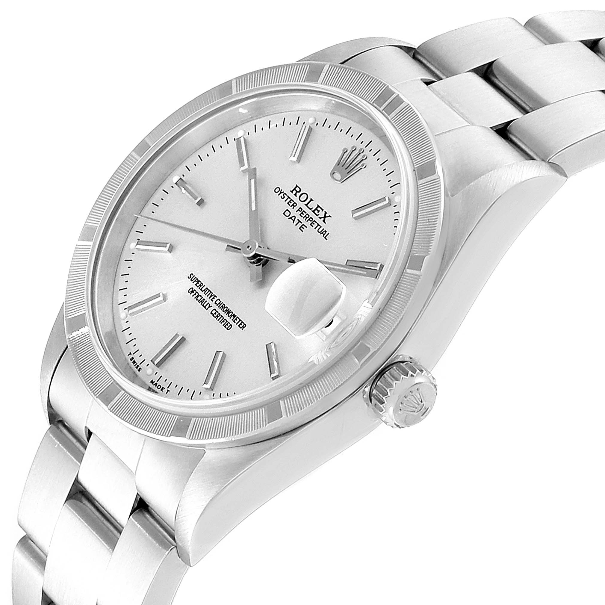 The image shows a side-angle view of the Rolex Date 15210 Men's Stainless Steel Silver Dial 15210 Men's Stainless Steel Silver Dial model, highlighting the dial, crown, and bracelet.
