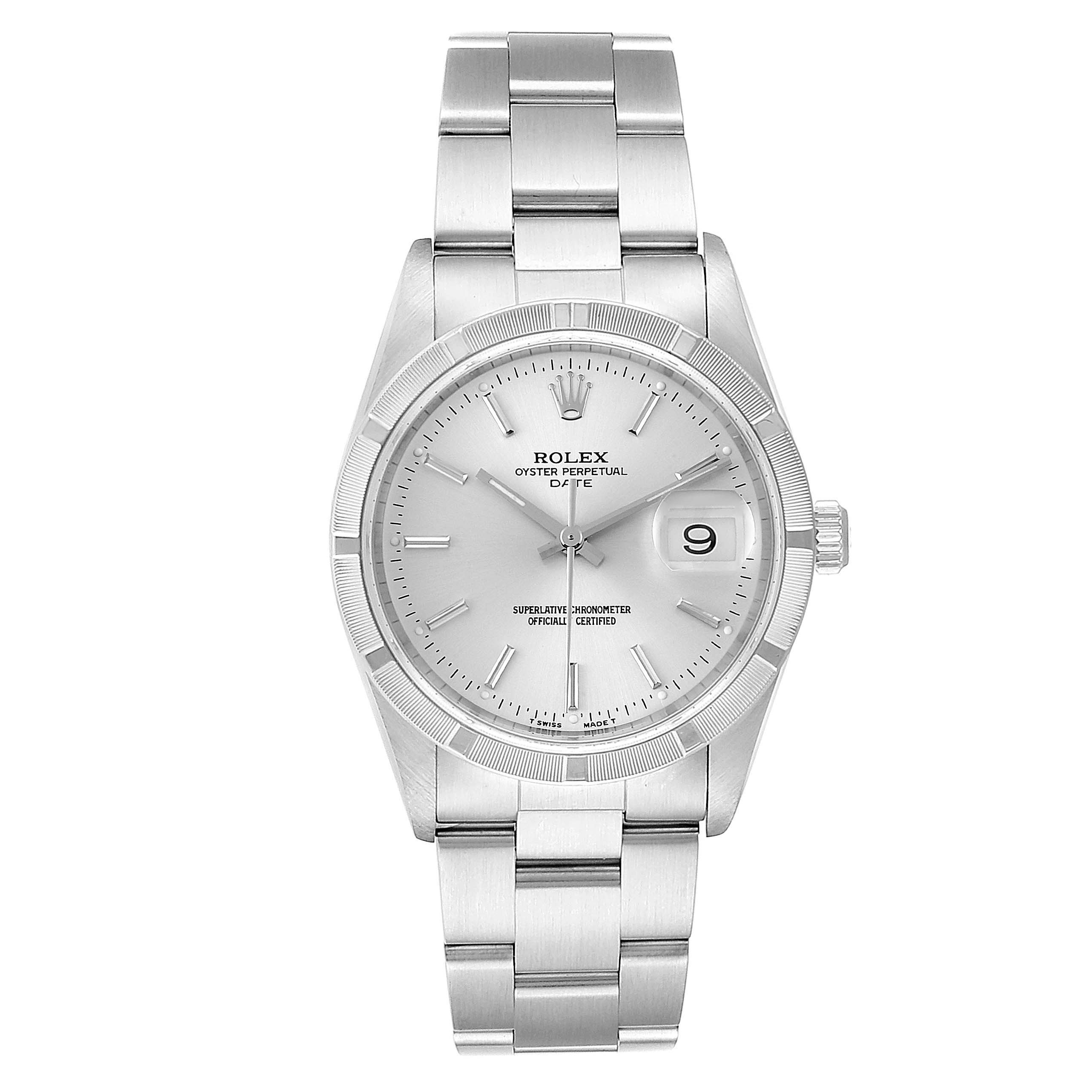 The image shows a front view of a Rolex Date 15210 Men's Stainless Steel Silver Dial 15210 Men's Stainless Steel Silver Dial model watch, prominently displaying its dial, hour marks, date window, and bracelet.