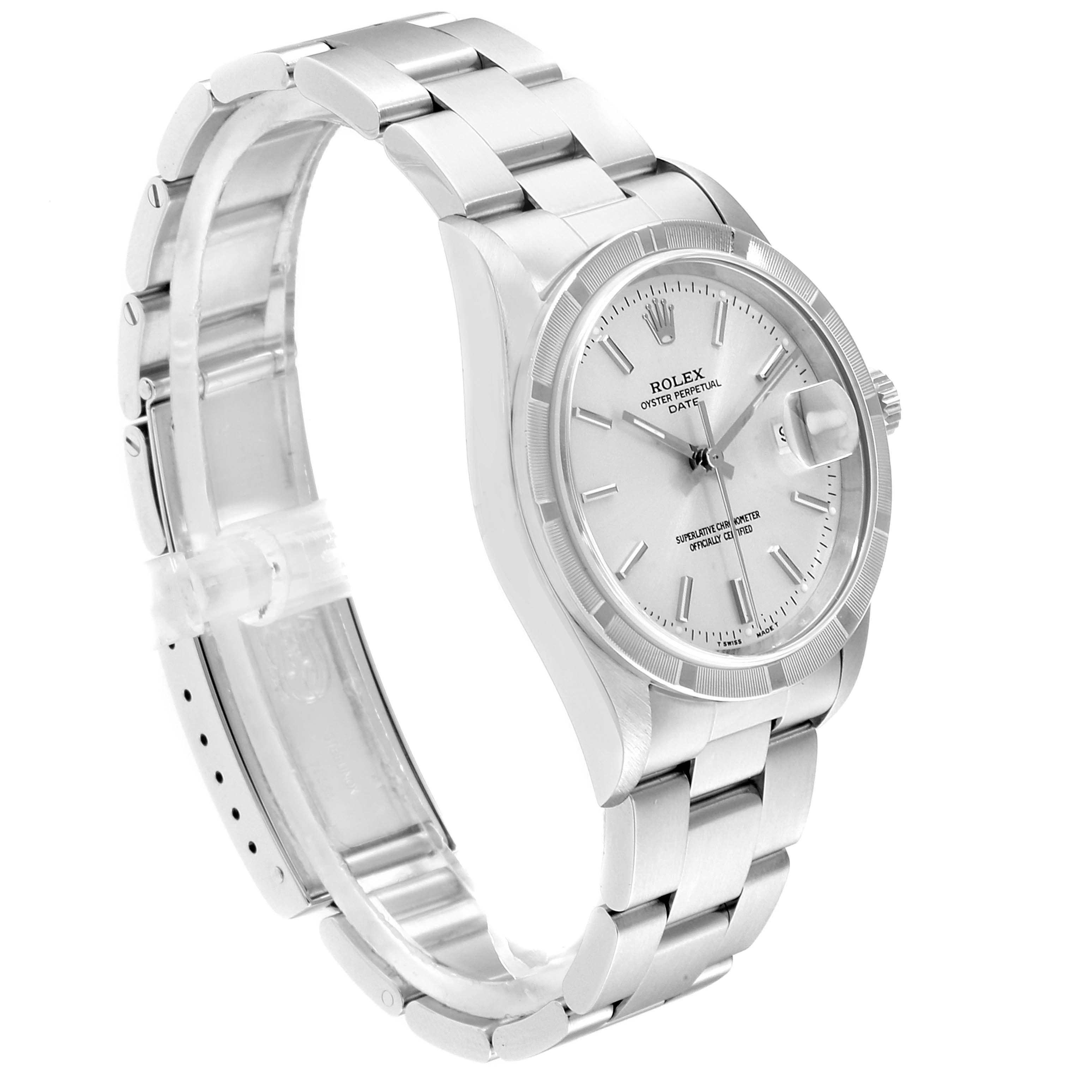 This image shows a side angle of a Rolex Date 15210 Men's Stainless Steel Silver Dial 15210 Men's Stainless Steel Silver Dial model, highlighting its face, bezel, and metal bracelet.